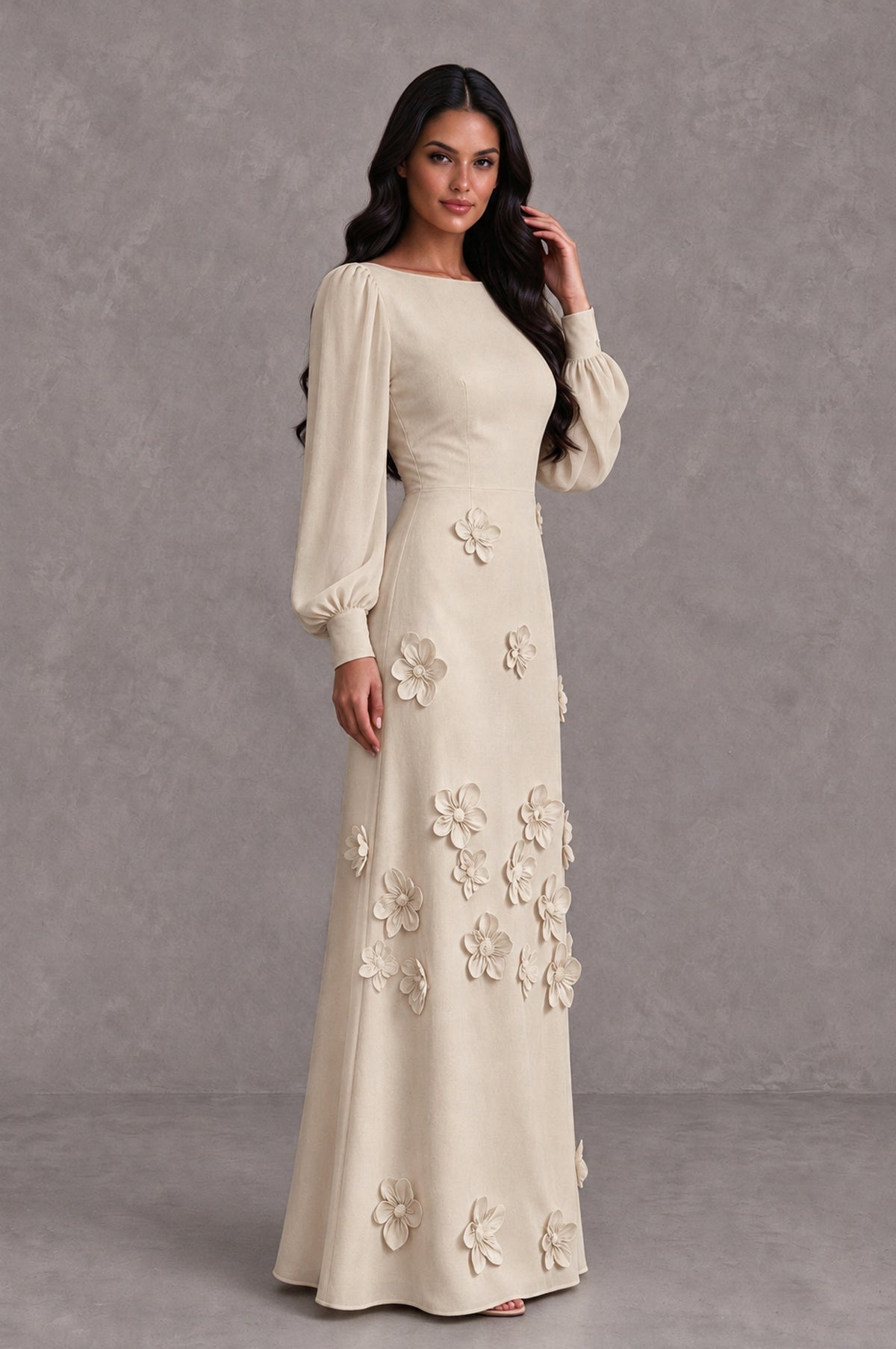 BOLODOO Champagne Long Sleeve Floral Applique A-Line Evening Dress - Champagne - Champagne_4