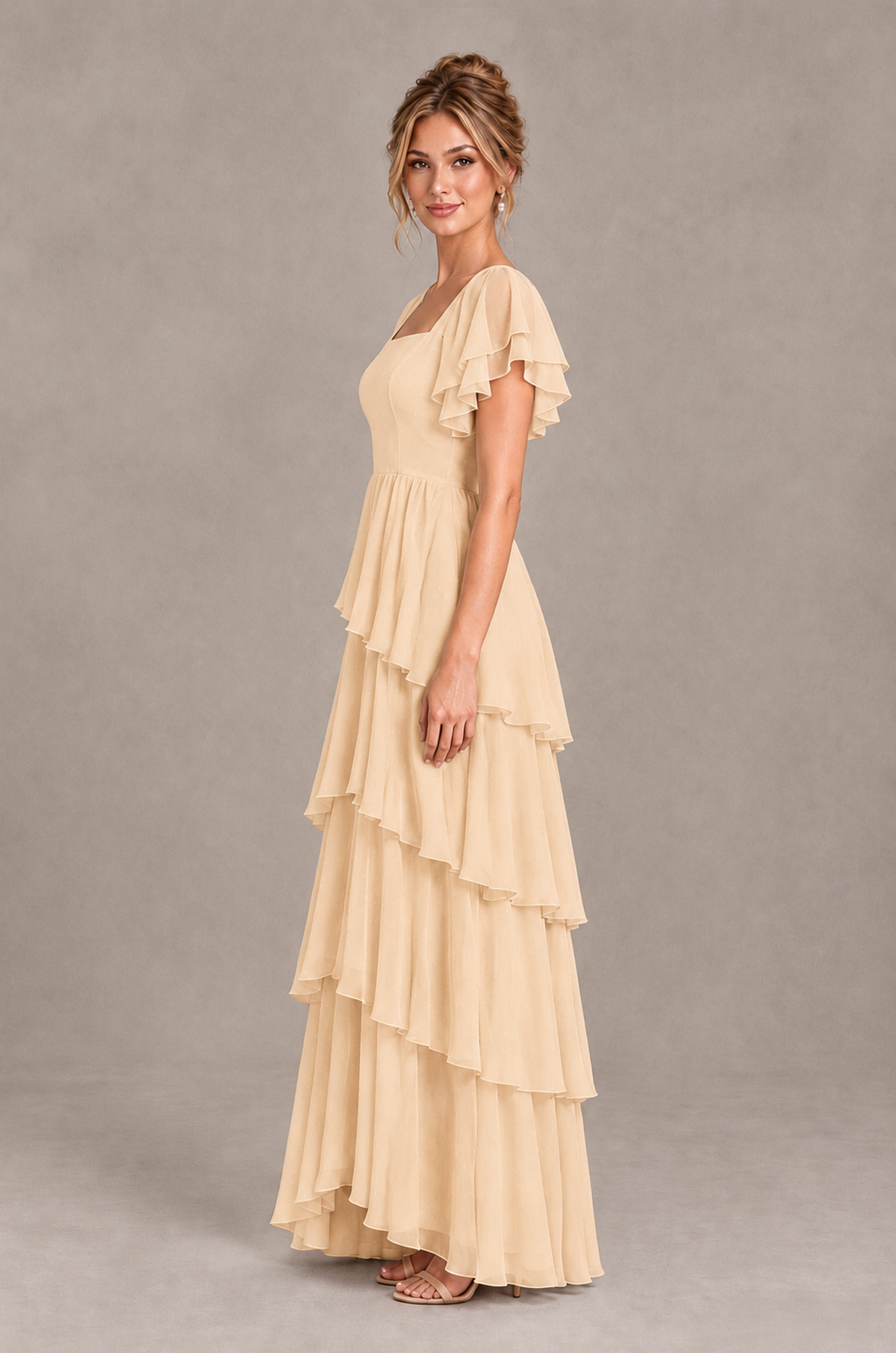 BOLODOO Champagne Square Neck Flutter Sleeve Tiered Chiffon Bridesmaid Dress with Lace-Up Back - Champagne - Champagne_4