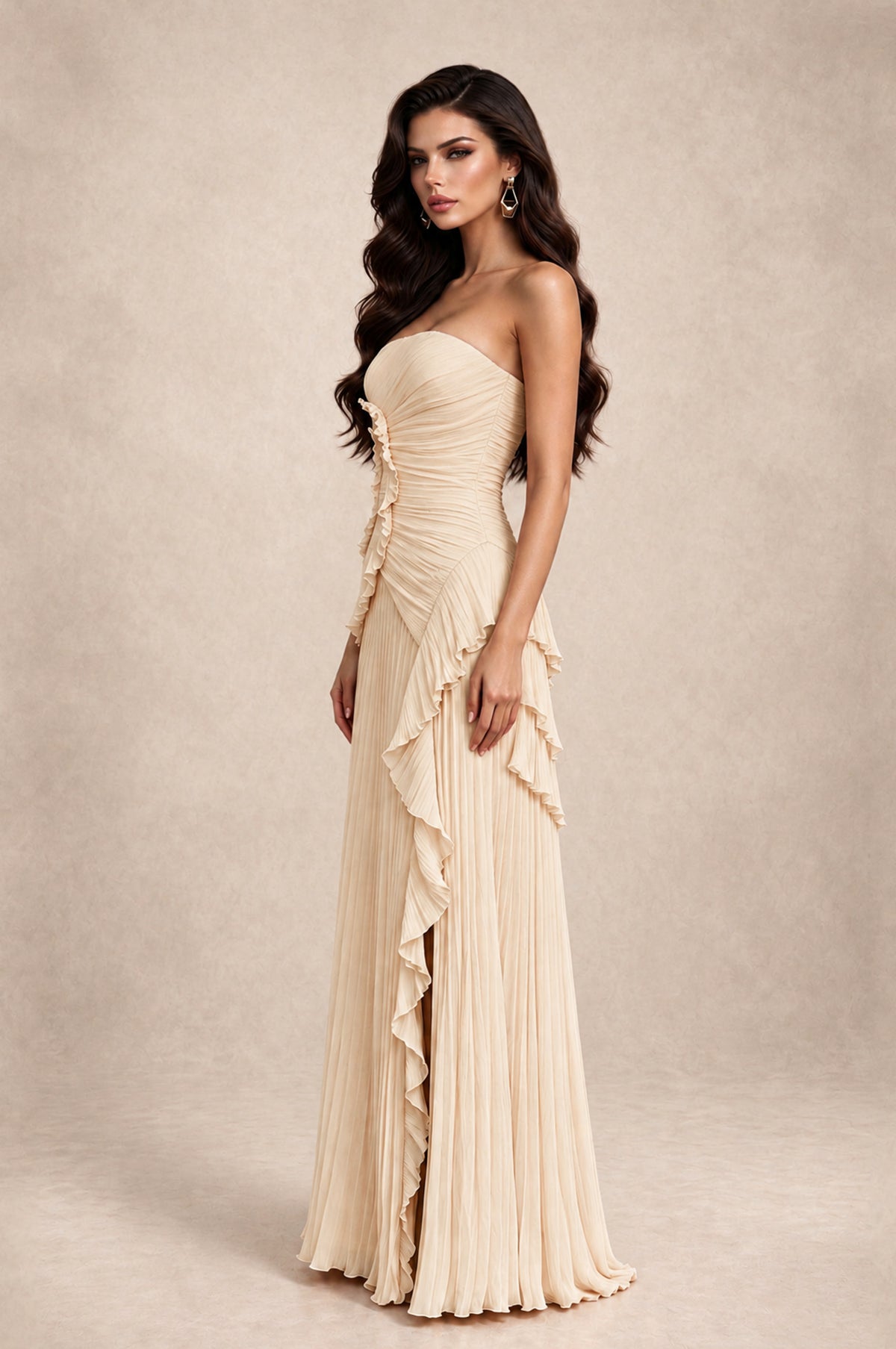 BOLODOO Champagne Strapless Ruffle Pleated Slit Evening Gown - Champagne - Champagne_4