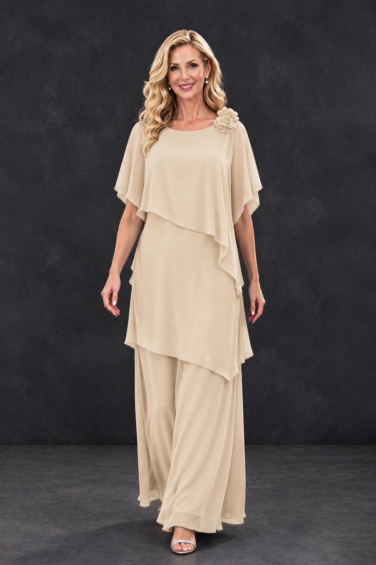 BOLODOO Champagne Tiered Flutter Sleeve Mother of the Bride Maxi Dress - Champagne - Champagne_4