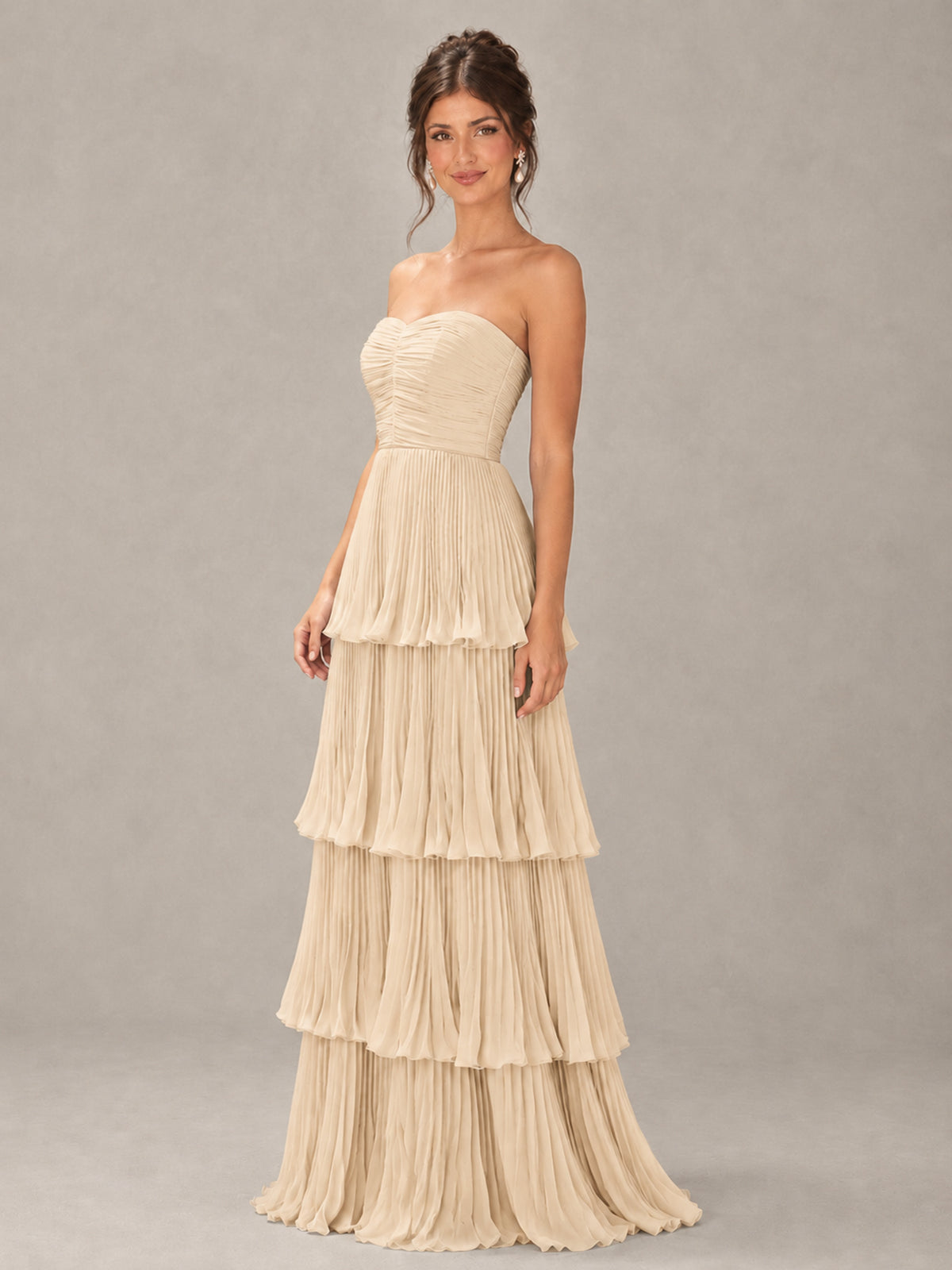 BOLODOO Champagne Strapless Tiered Pleated Bridesmaid Dress - Champagne - Champagne_4