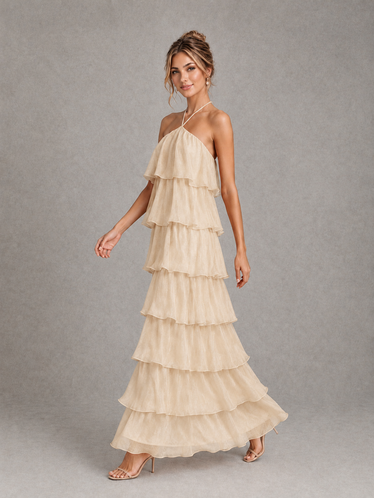 BOLODOO Champagne Halter Tiered Ruffle Maxi Bridesmaid Dress - Champagne - Champagne_4