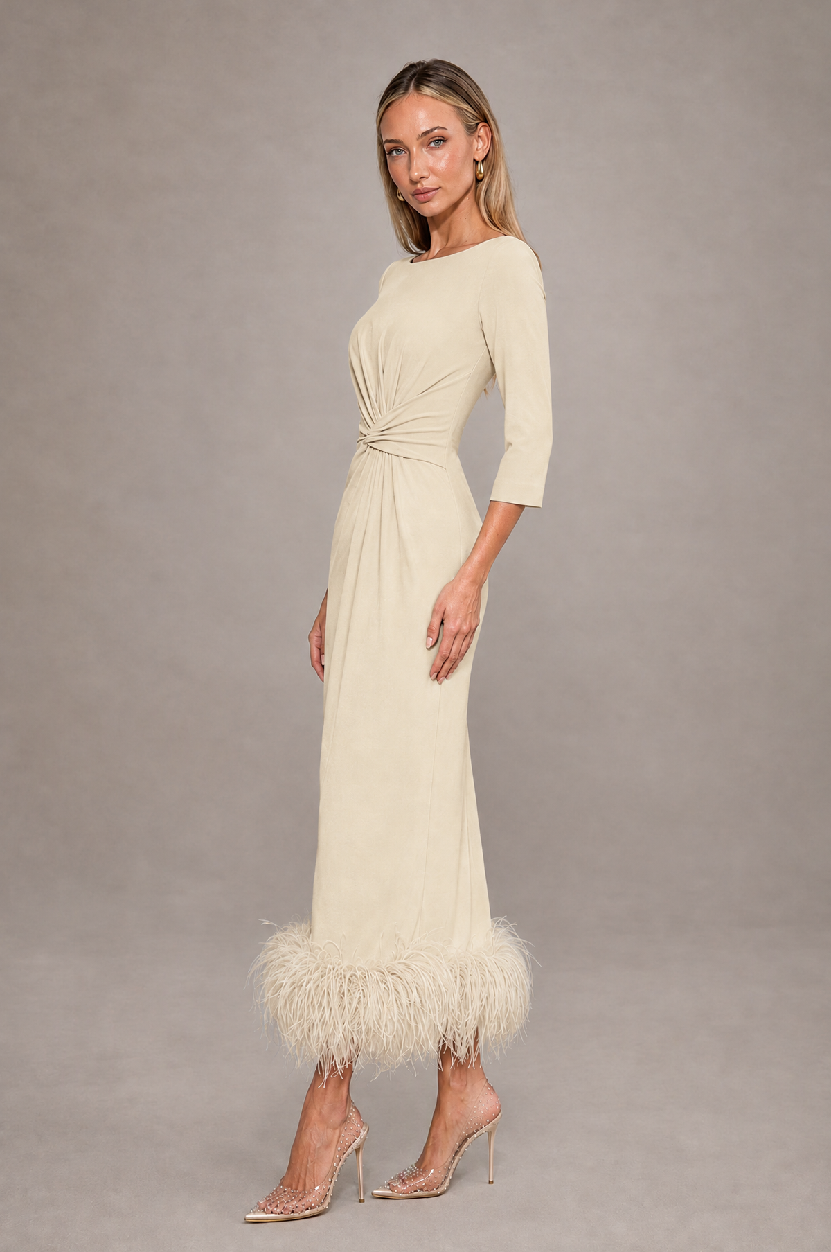 BOLODOO Champagne Feather-Trim Twist-Waist Midi Dress - Champagne - Champagne_4