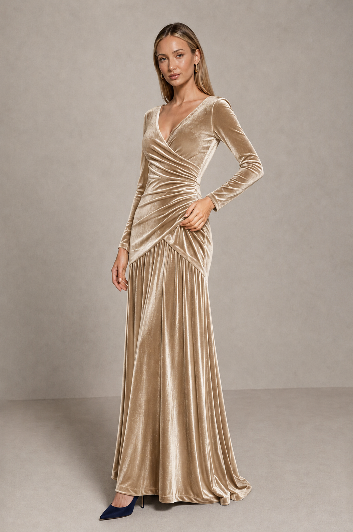 BOLODOO Champagne Velvet Long Sleeve V-Neck Ruched Evening Dress - Champagne - Champagne_4