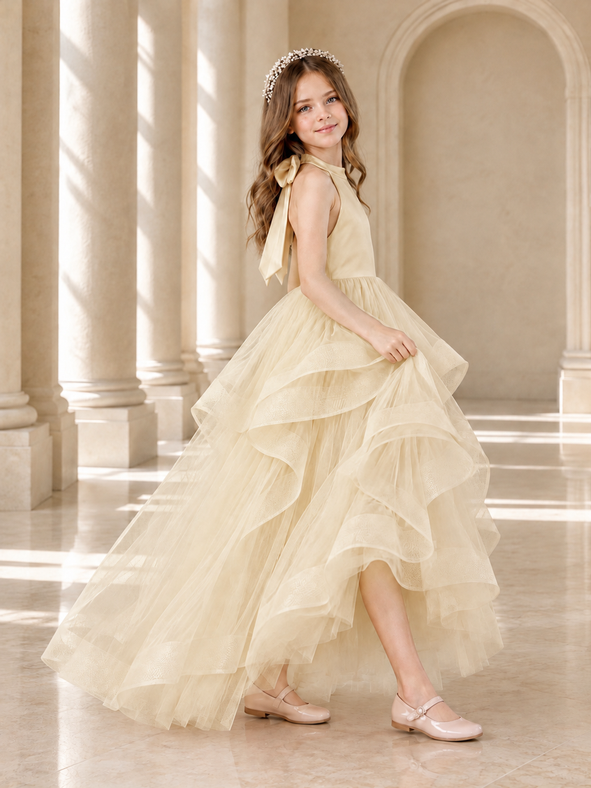 BOLODOO Champagne Halter Tiered Tulle Flower Girl Dress with Bow Back - Champagne - Champagne_4