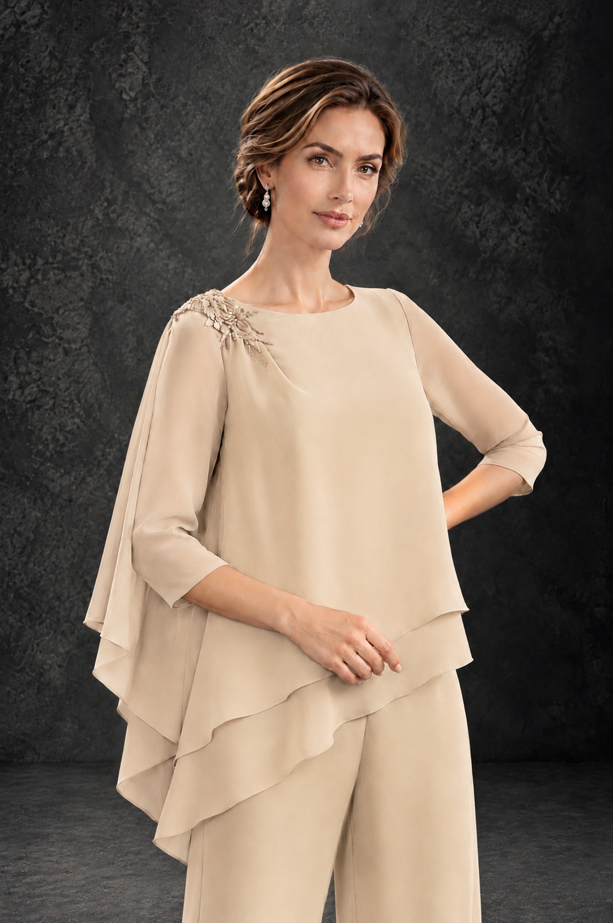 BOLODOO Champagne Layered Wide-Leg Mother of the Bride Pant Suit - Champagne - Champagne_4