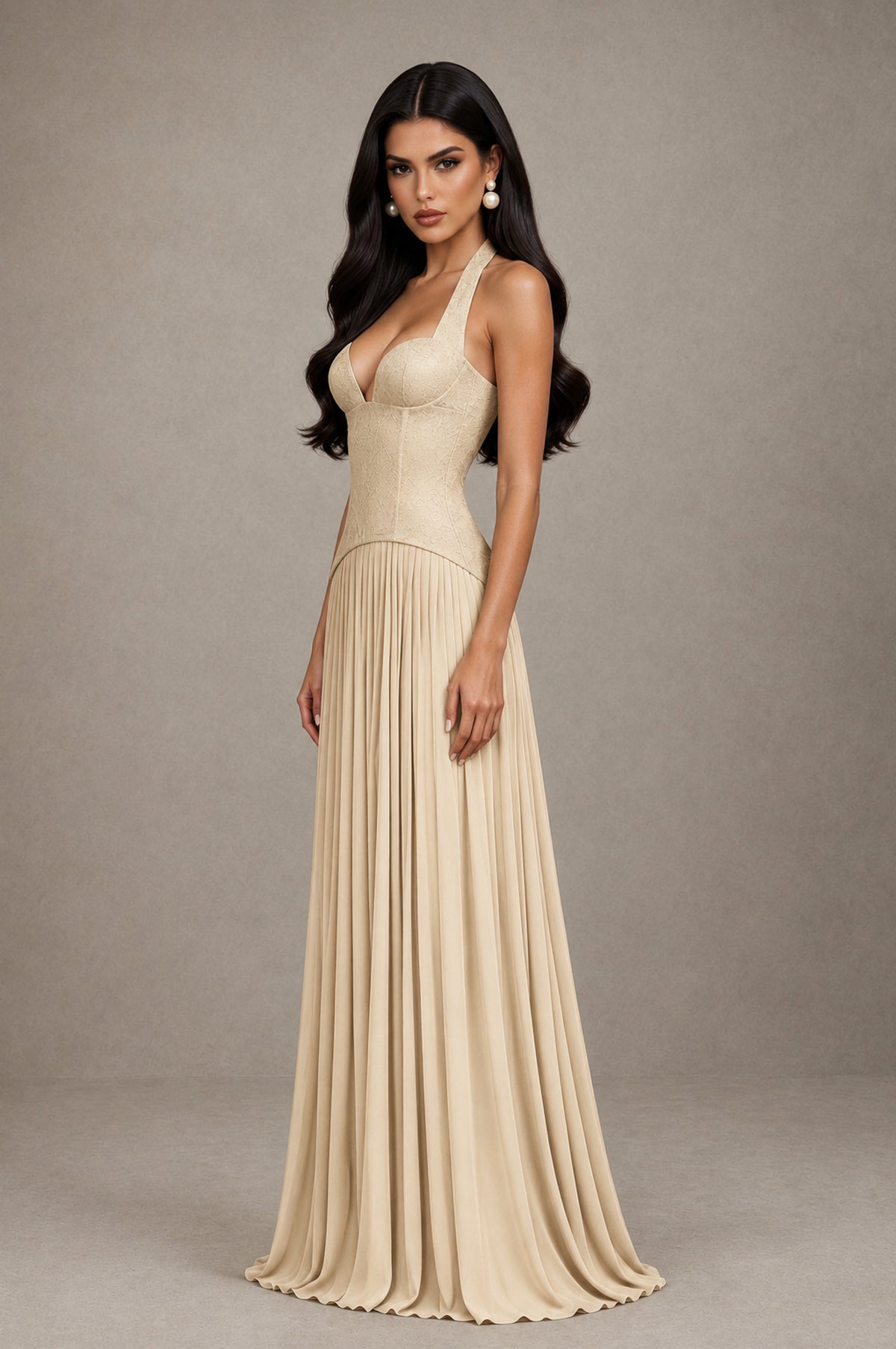 BOLODOO Champagne Halter Corset Pleated A-Line Evening Dress - Champagne - Champagne_4