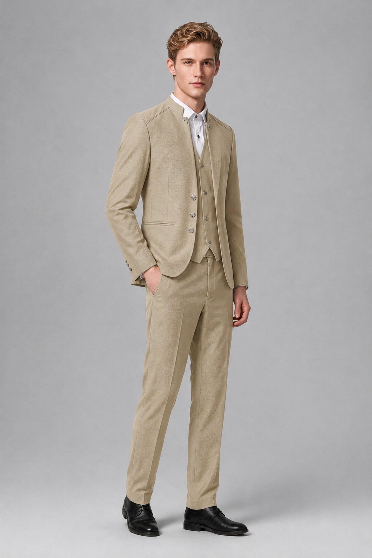 Bolodoo Men's Champagne Mandarin Collar 3-Piece Suit – Jacket, Vest & Trousers - Champagne - Champagne_4