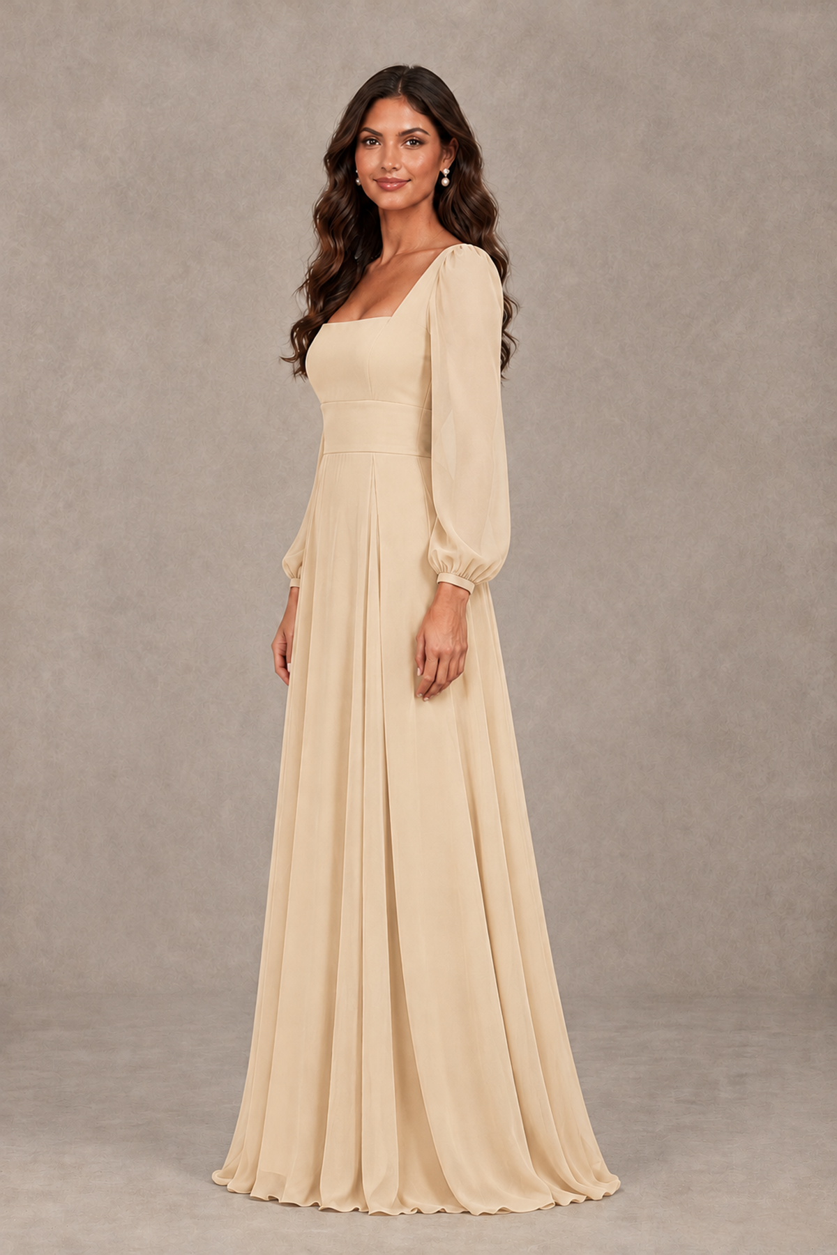 BOLODOO Champagne Square Neck Long Sleeve A-Line Bridesmaid Dress - Champagne - Champagne_4