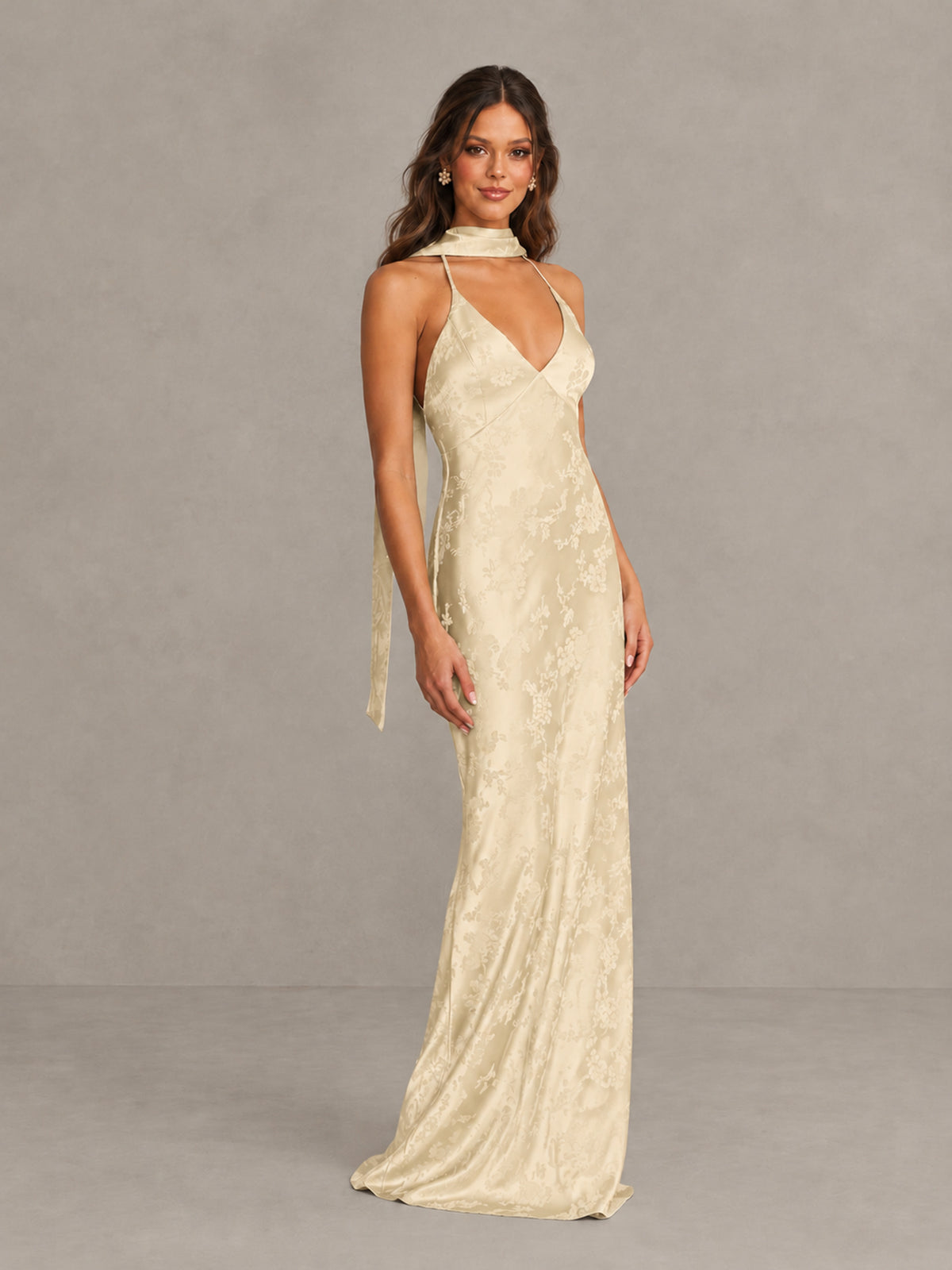 BOLODOO Champagne Floral Satin Open-Back Bridesmaid Dress - Champagne - Champagne_4