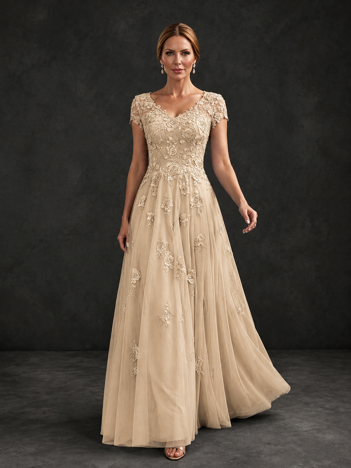 BOLODOO Champagne Cap Sleeve Lace Appliqué A-Line Formal Gown | Mother of the Bride Dress - Champagne - Champagne_4