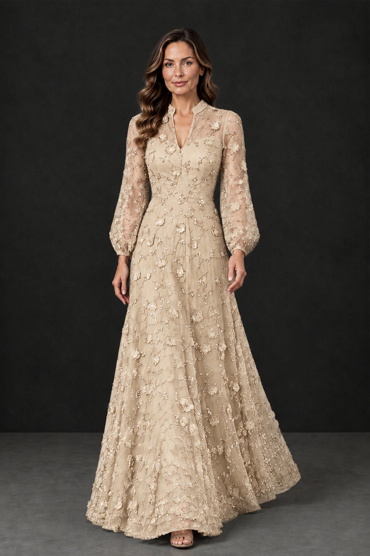 BOLODOO Champagne Long Sleeve Floral Mother of the Bride Dress - Champagne - Champagne_4