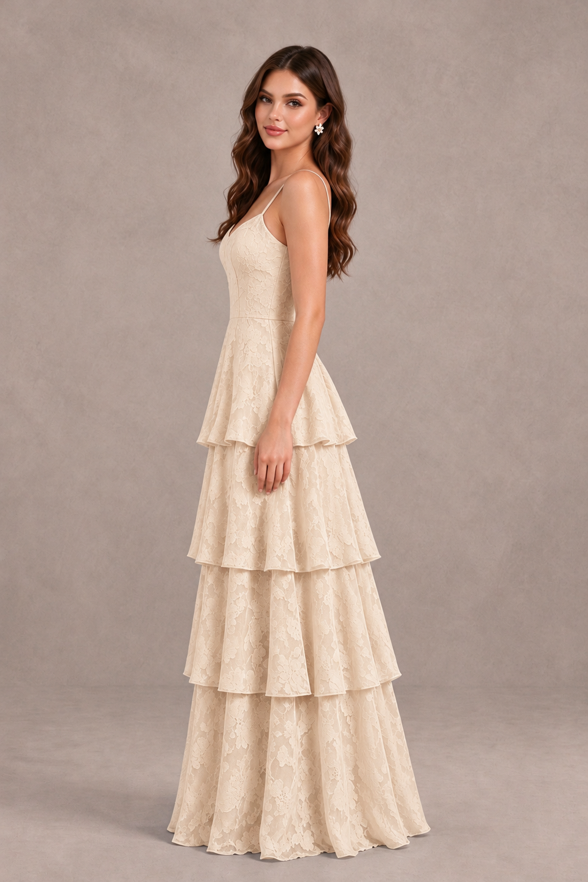 BOLODOO Champagne Tiered Floral-Textured Spaghetti Strap Maxi Dress - Champagne - Champagne_4