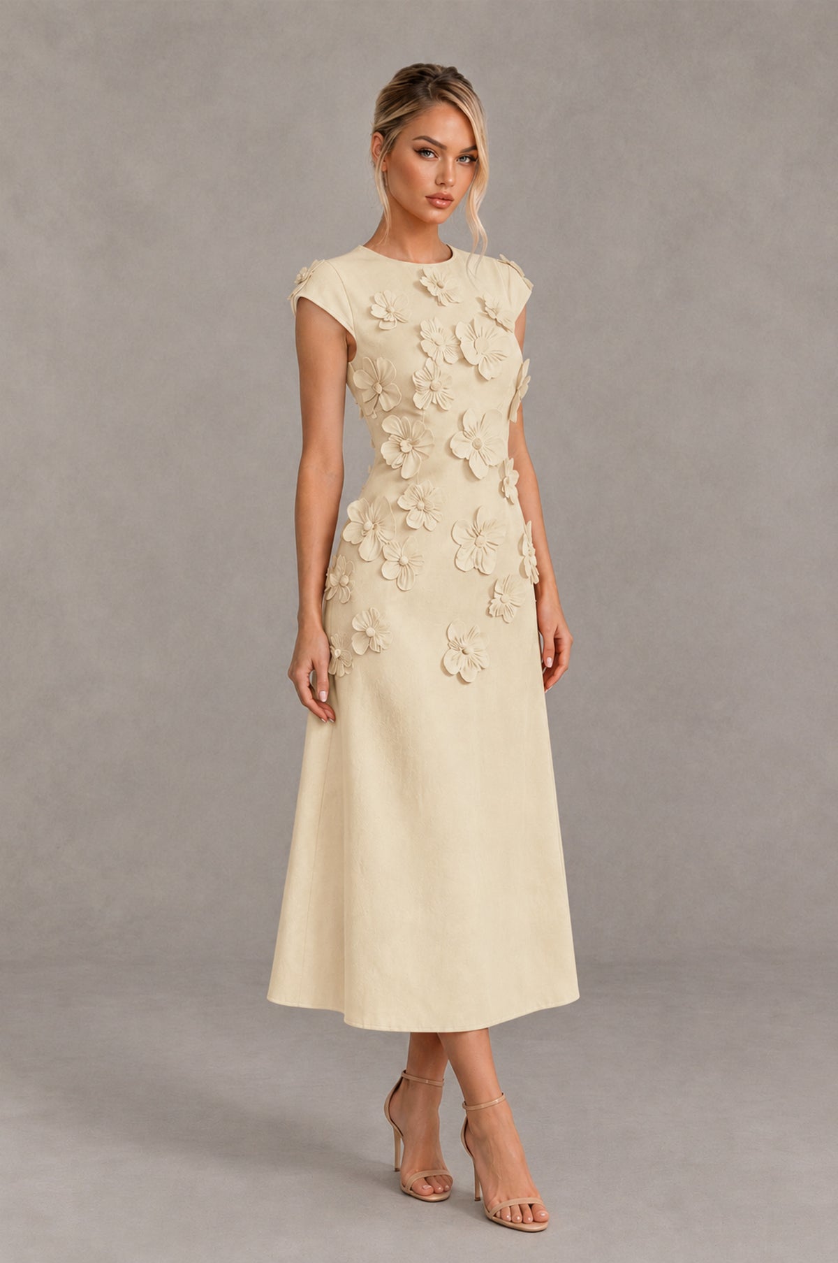 BOLODOO Champagne 3D Floral Cap Sleeve Midi Cocktail Dress - Champagne - Champagne_4