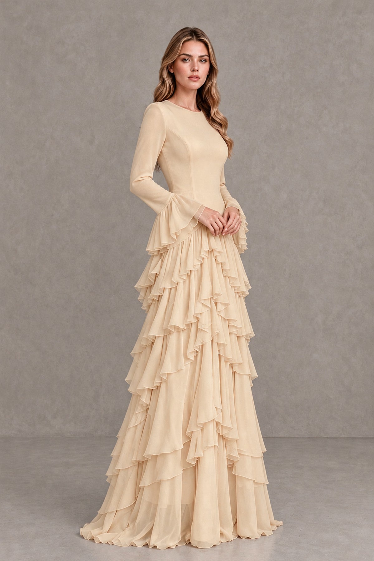Champagne Long Sleeve Tiered Ruffle Evening Gown - Champagne - Champagne_4