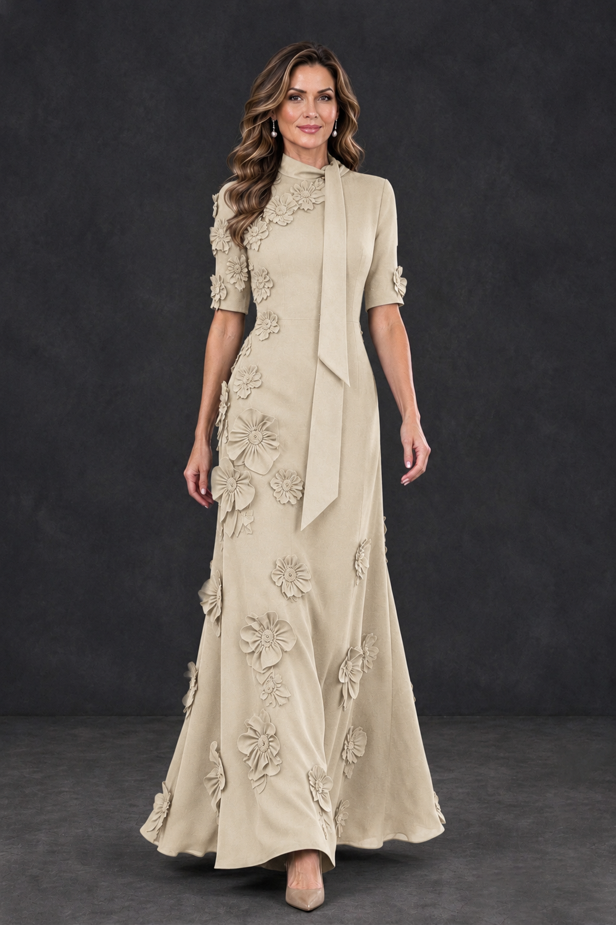 BOLODOO Champagne Floral Applique High-Neck Half-Sleeve Gown - Champagne - Champagne_4