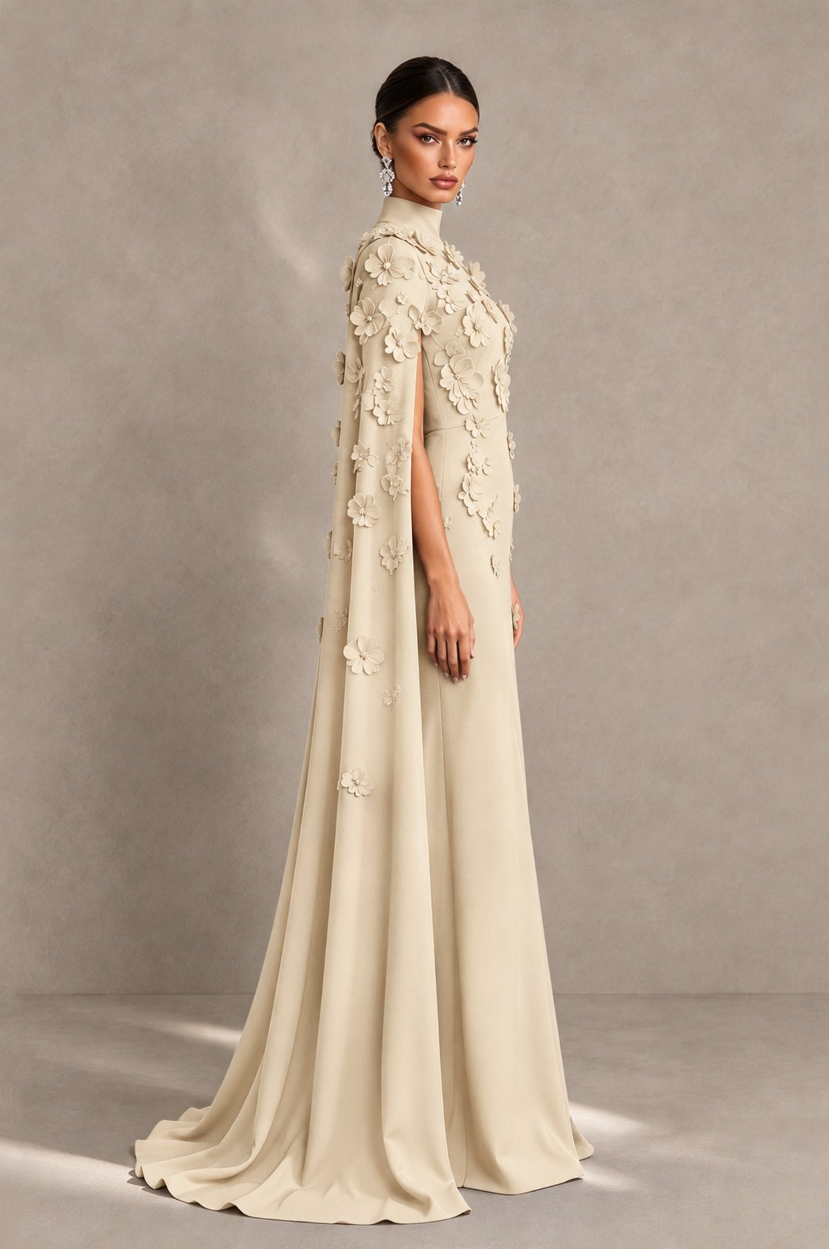 BOLODOO Champagne 3D Floral Applique Cape Formal Dress - Champagne - Champagne_4