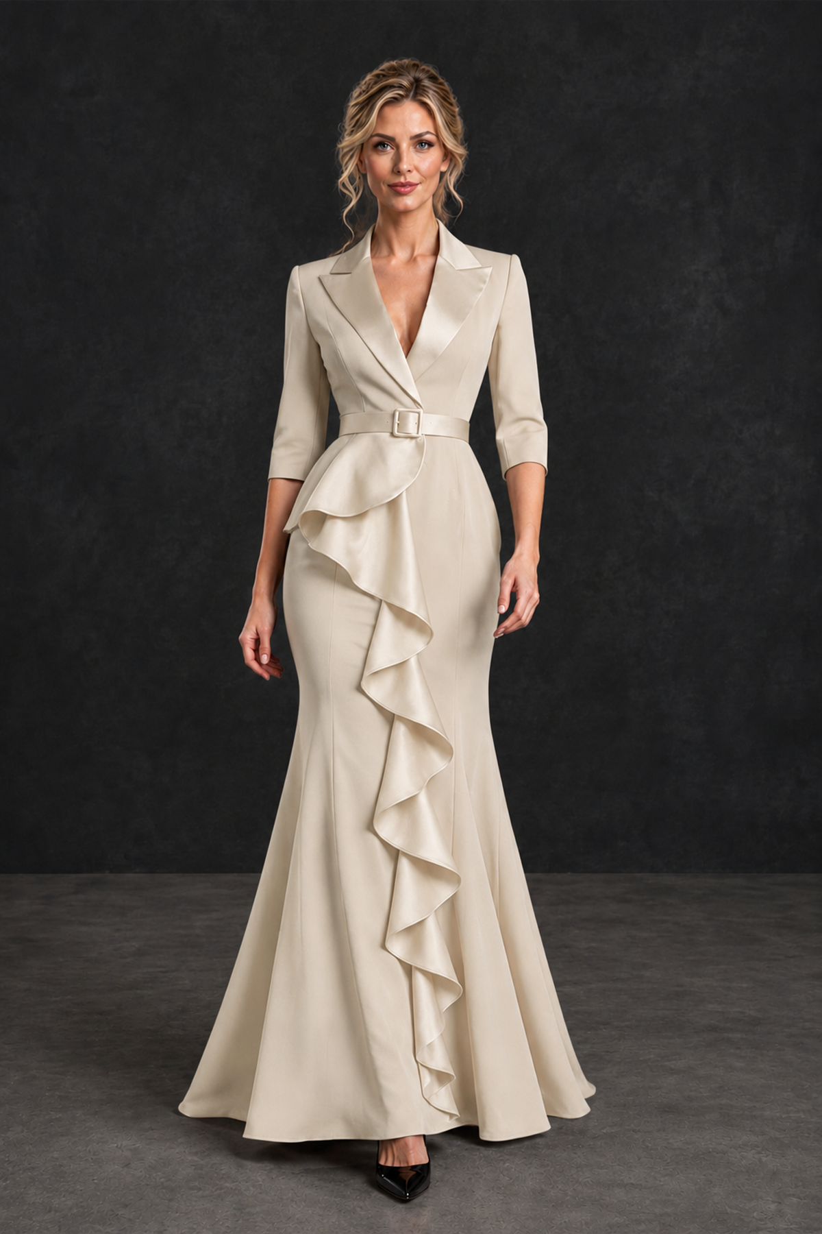 BOLODOO Champagne Lapel Ruffle Mother of the Bride Dress with Belt - Champagne - Champagne_4