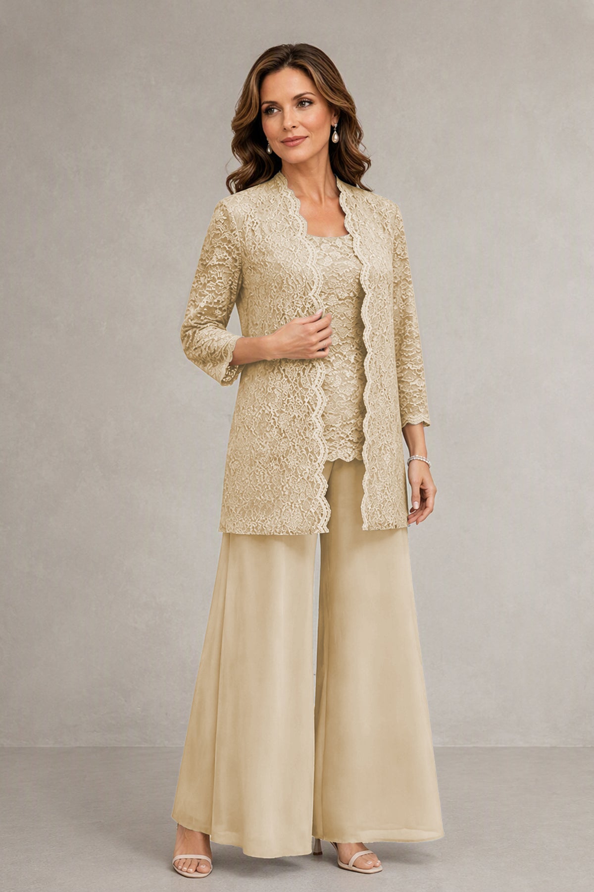 BOLODOO Champagne 3-Piece Lace Chiffon Pantsuit – Mother of the Bride Wedding Guest with Jacket - Champagne