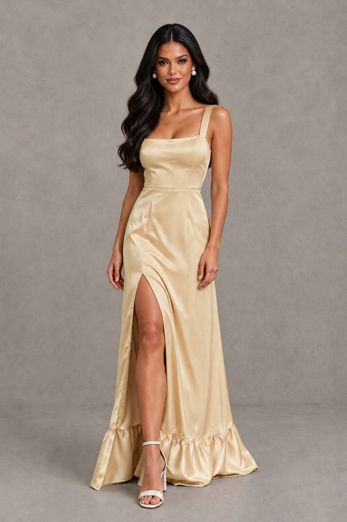 BOLODOO Champagne Square Neck Satin Evening Dress with Lace-Up Back and High Slit - Champagne - Champagne_4