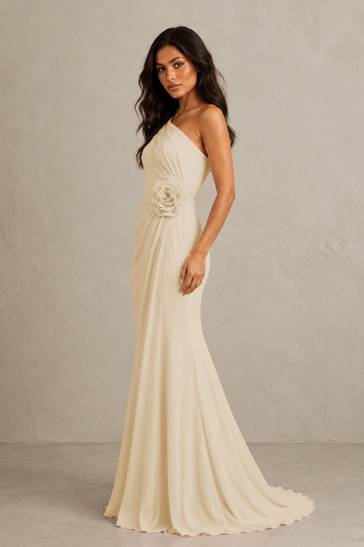BOLODOO Champagne One-Shoulder Floral Ruched Maxi Dress - Champagne