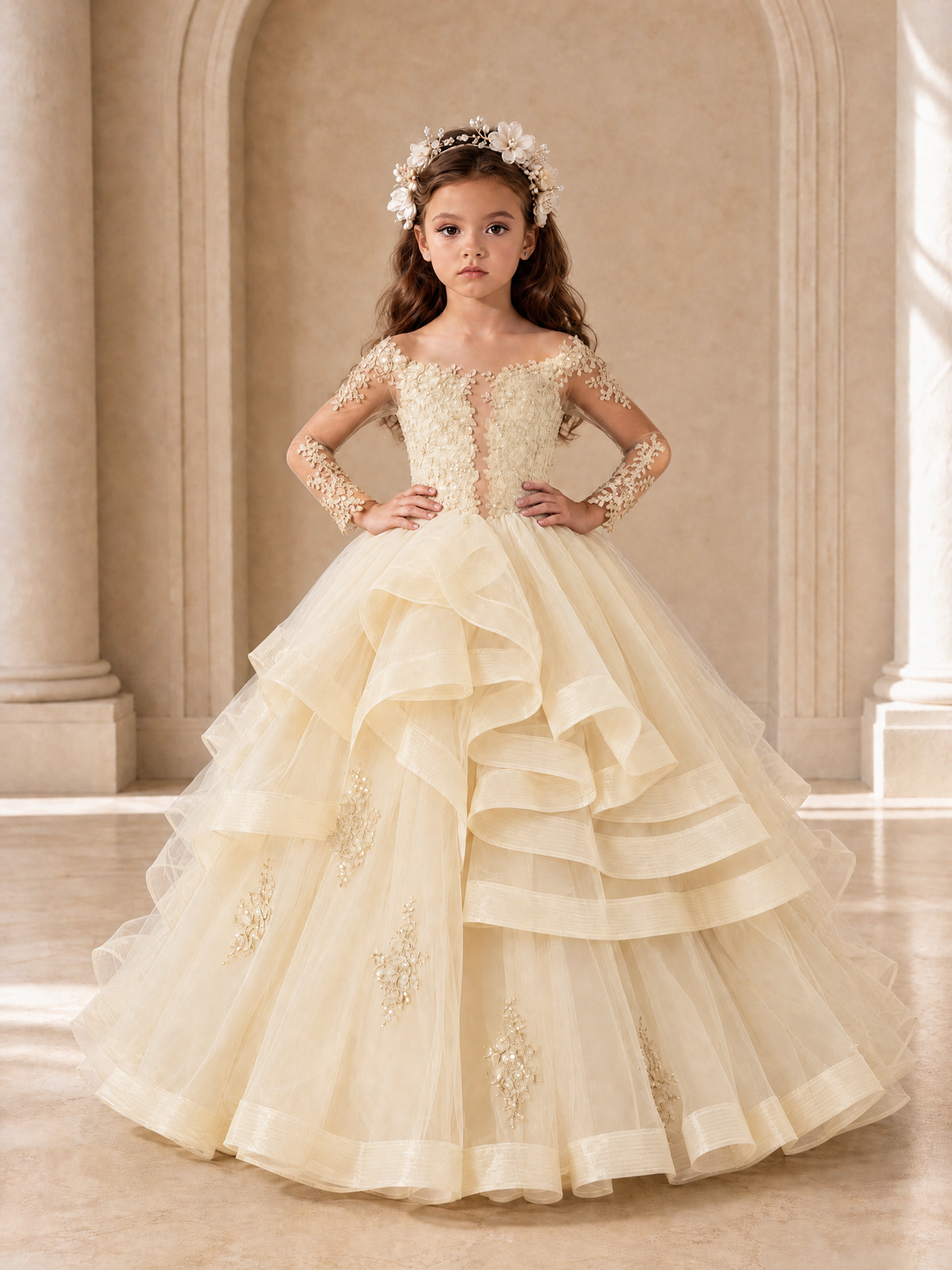 BOLODOO Champagne Lace Long Sleeve Tiered Flower Girl Dress - Champagne - Champagne_4