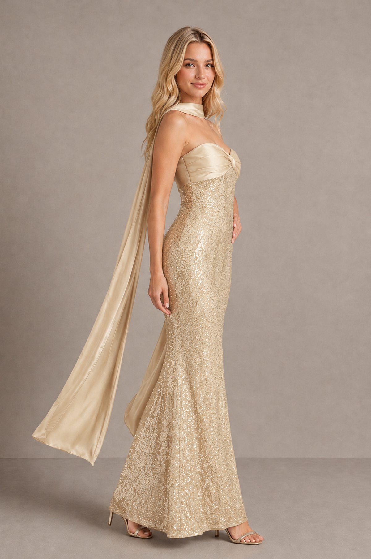 BOLODOO Champagne Strapless Sweetheart Evening Dress with Scarf - Champagne - Champagne_4