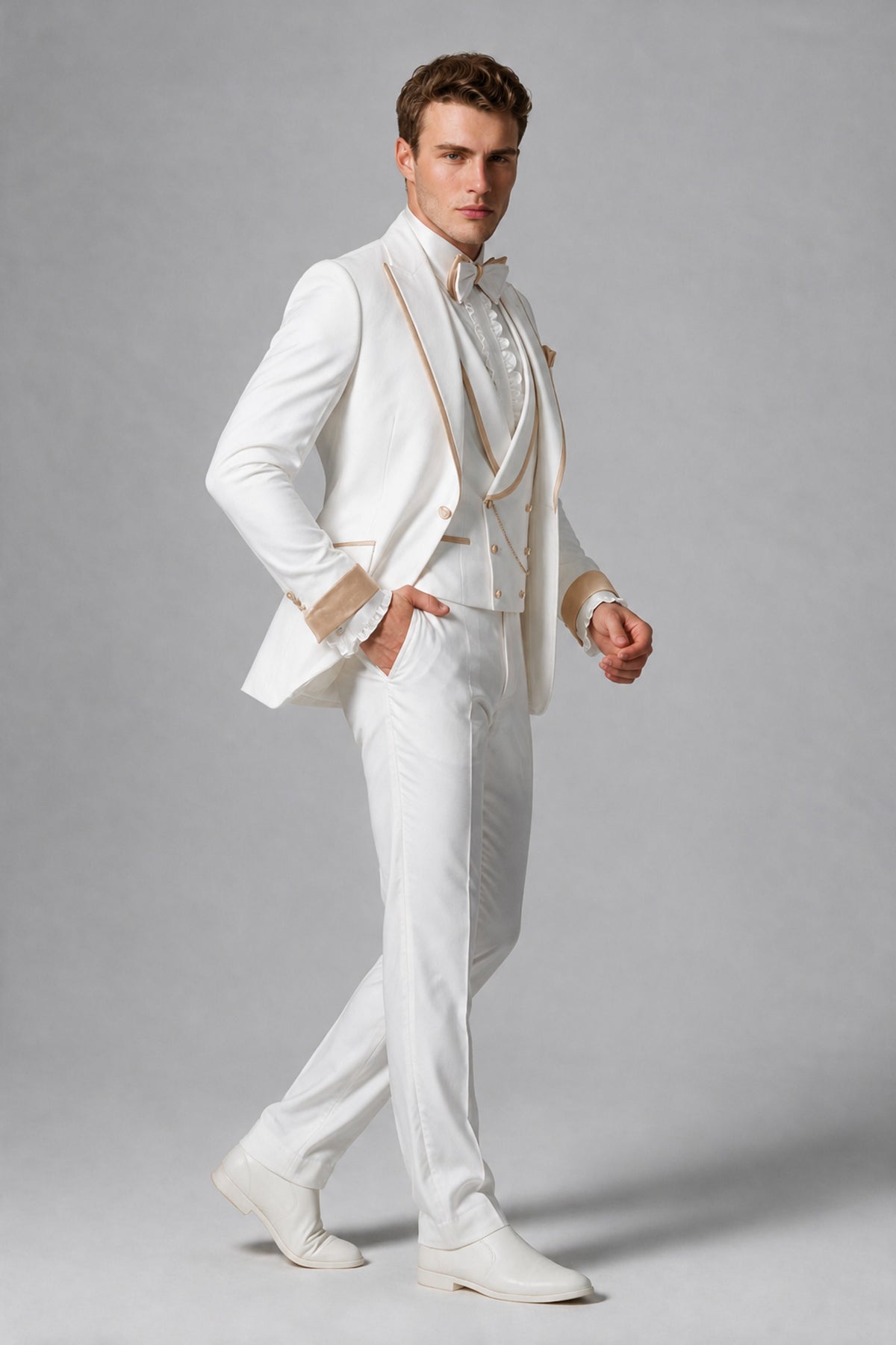 Bolodoo Men's White and Champagne Three-Piece Wedding Tuxedo Suit - Champagne - Champagne_4
