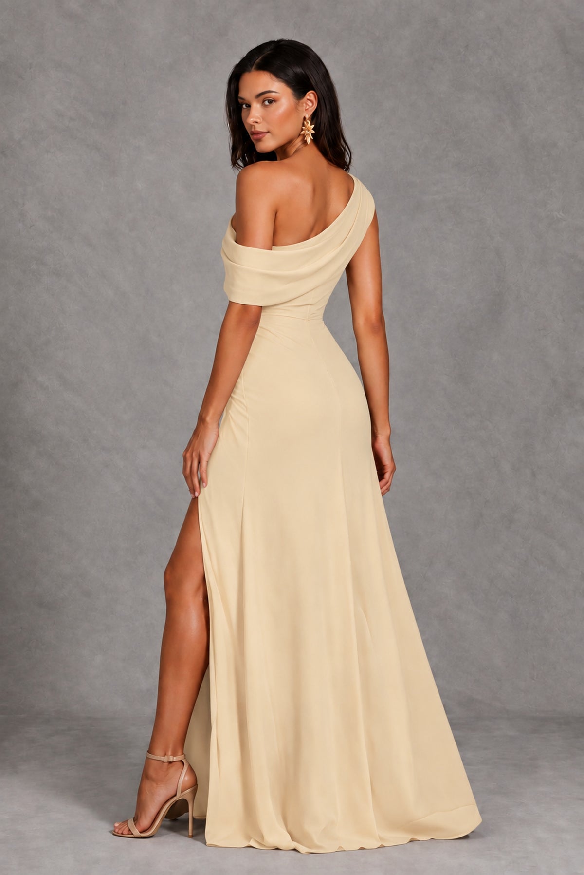 Champagne One-Shoulder Floor-Length Evening Gown with High Slit - Champagne