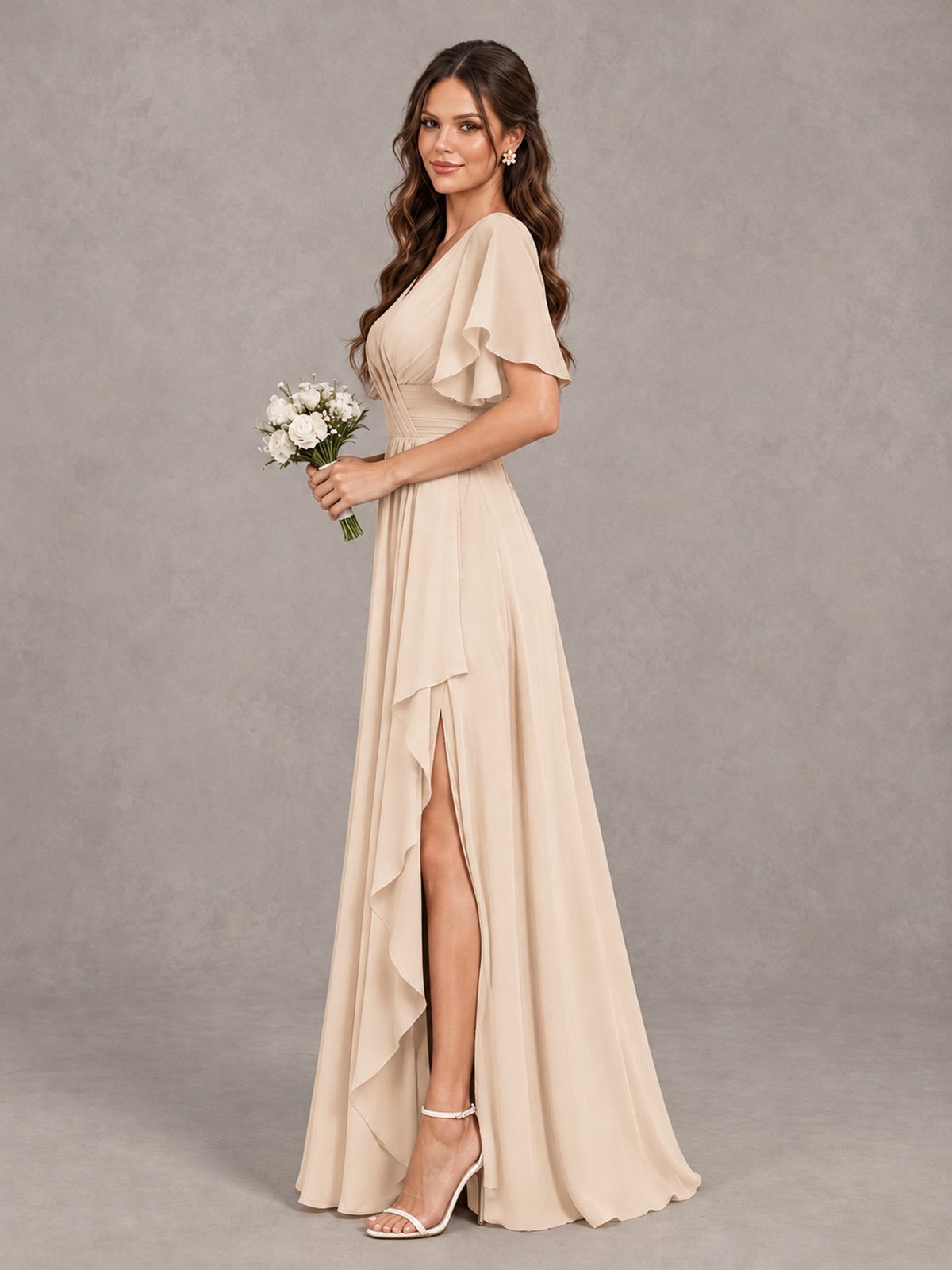 BOLODOO Champagne Flutter Sleeve V-Neck Bridesmaid Dress with Ruffle Slit - Champagne - Champagne_4
