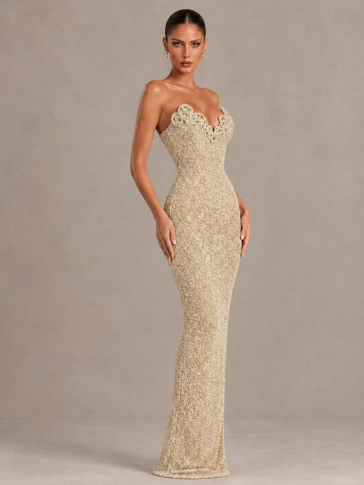 BOLODOO Champagne Strapless Sequin Evening Gown with Floral Neckline - Champagne - Champagne_4