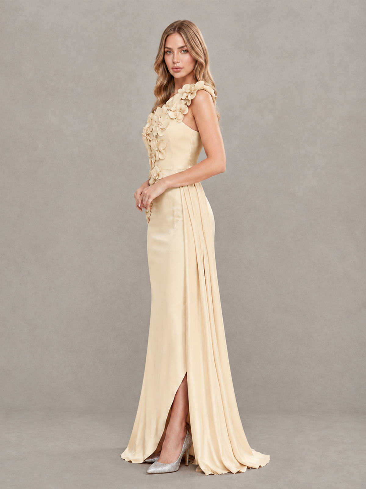 BOLODOO Champagne One-Shoulder Satin Mermaid Evening Gown with 3D Floral Appliqué - Champagne - Champagne_4