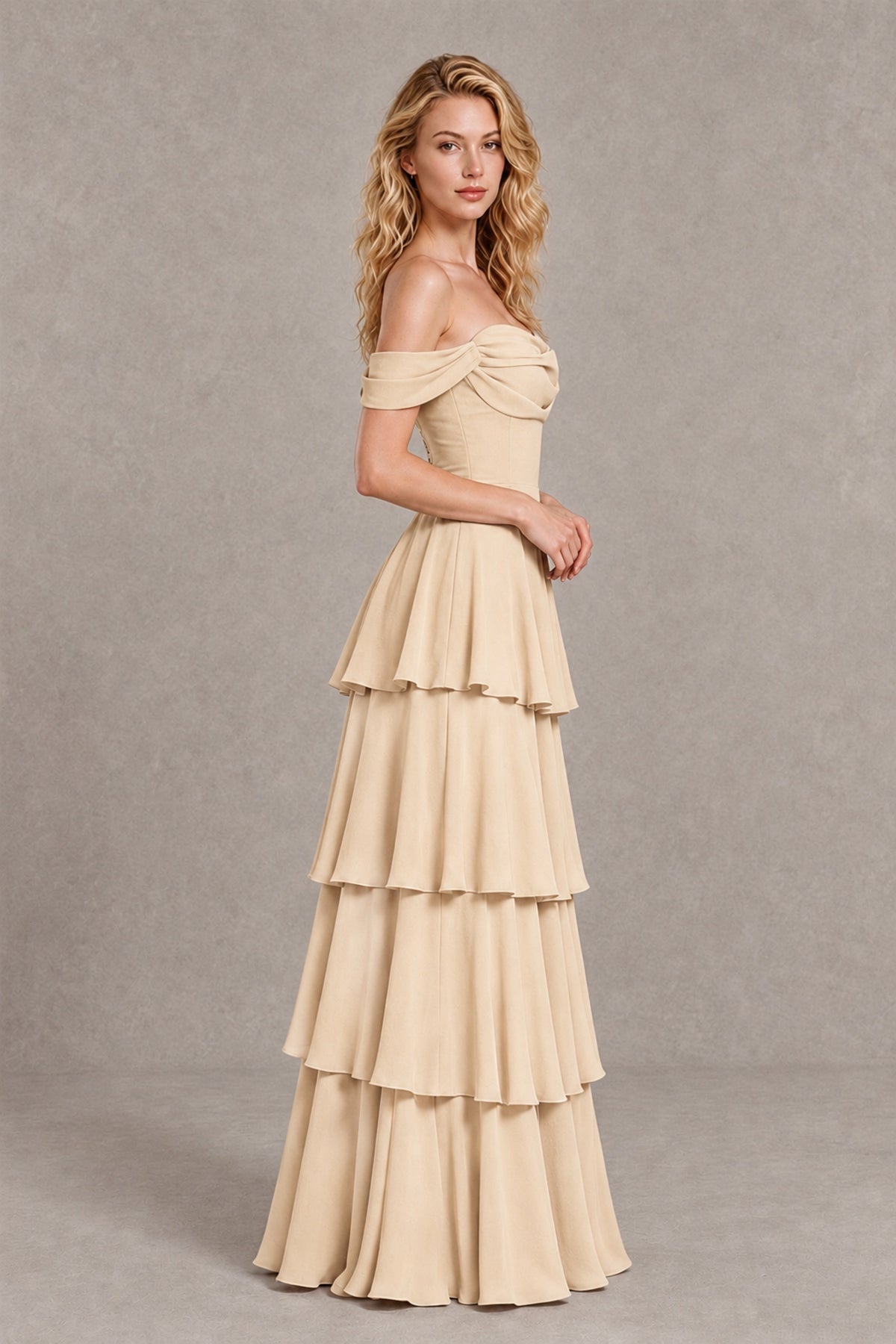 BOLODOO Champagne Off-the-Shoulder Tiered A-Line Evening Bridesmaid Dress - Champagne - Champagne_4