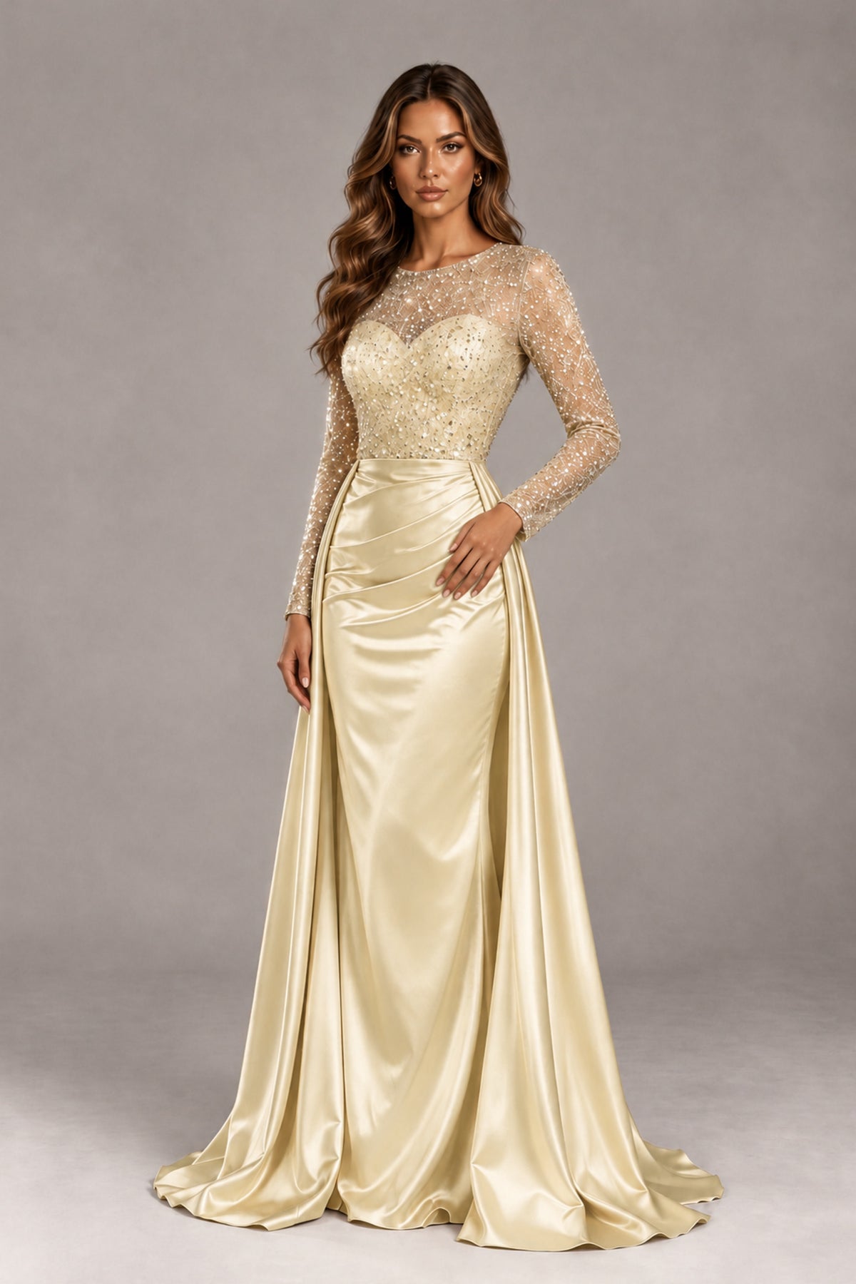 BOLODOO Champagne Long Sleeve Embellished Satin Evening Gown with Sweep Train - Champagne - Champagne_4