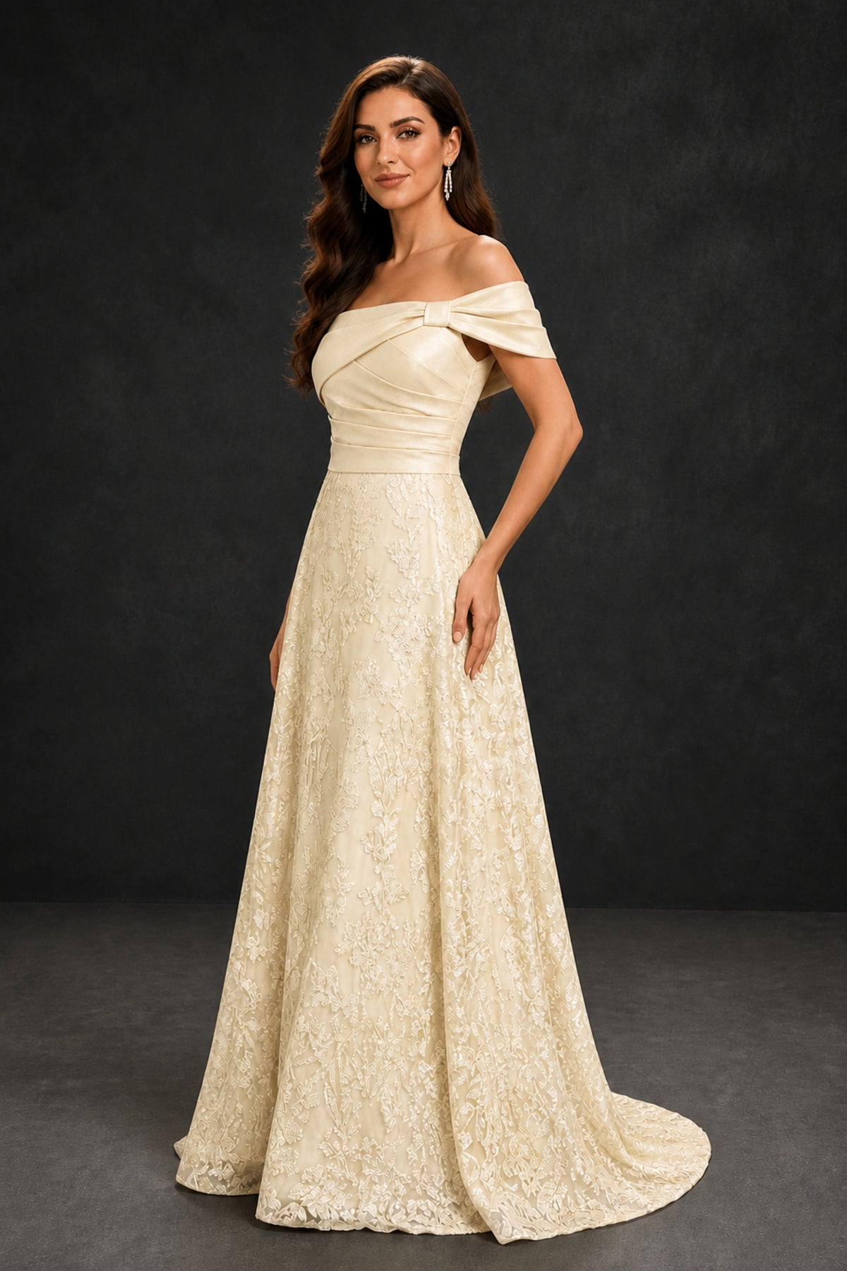 BOLODOO Champagne Lace Glitter Off Shoulder Cap Sleeve A-Line Ball Gown with Train – Formal Evening Dress - Champagne