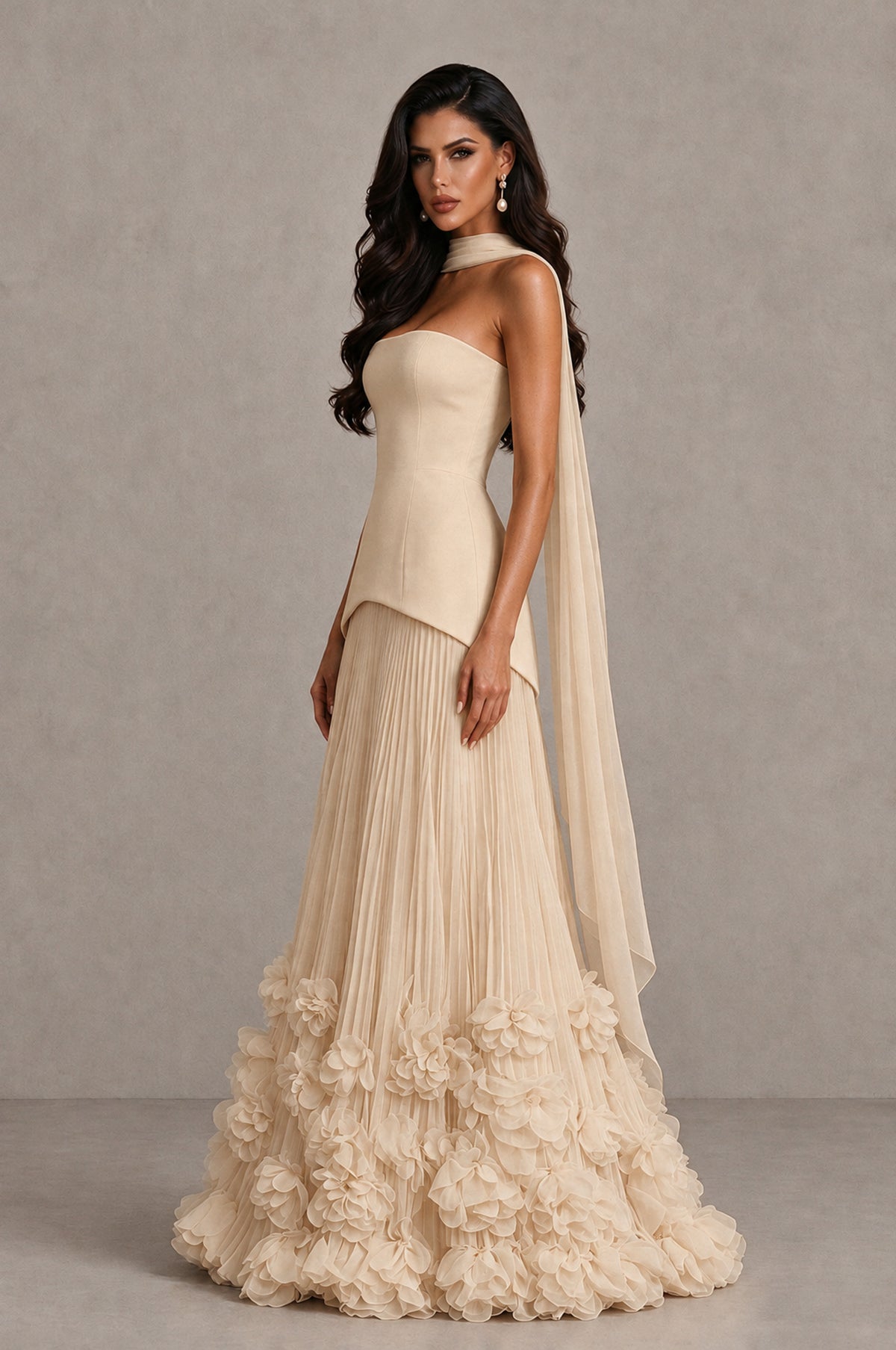 BOLODOO Champagne Strapless Pleated Floral Hem Evening Gown - Champagne - Champagne_4