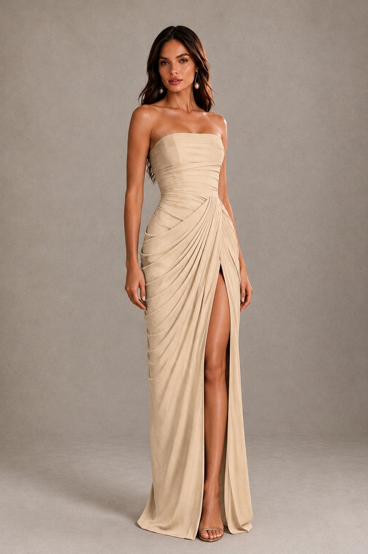 BOLODOO Strapless Draped Maxi Dress - Champagne Backless Evening Gown with High Slit - Champagne - Champagne_4