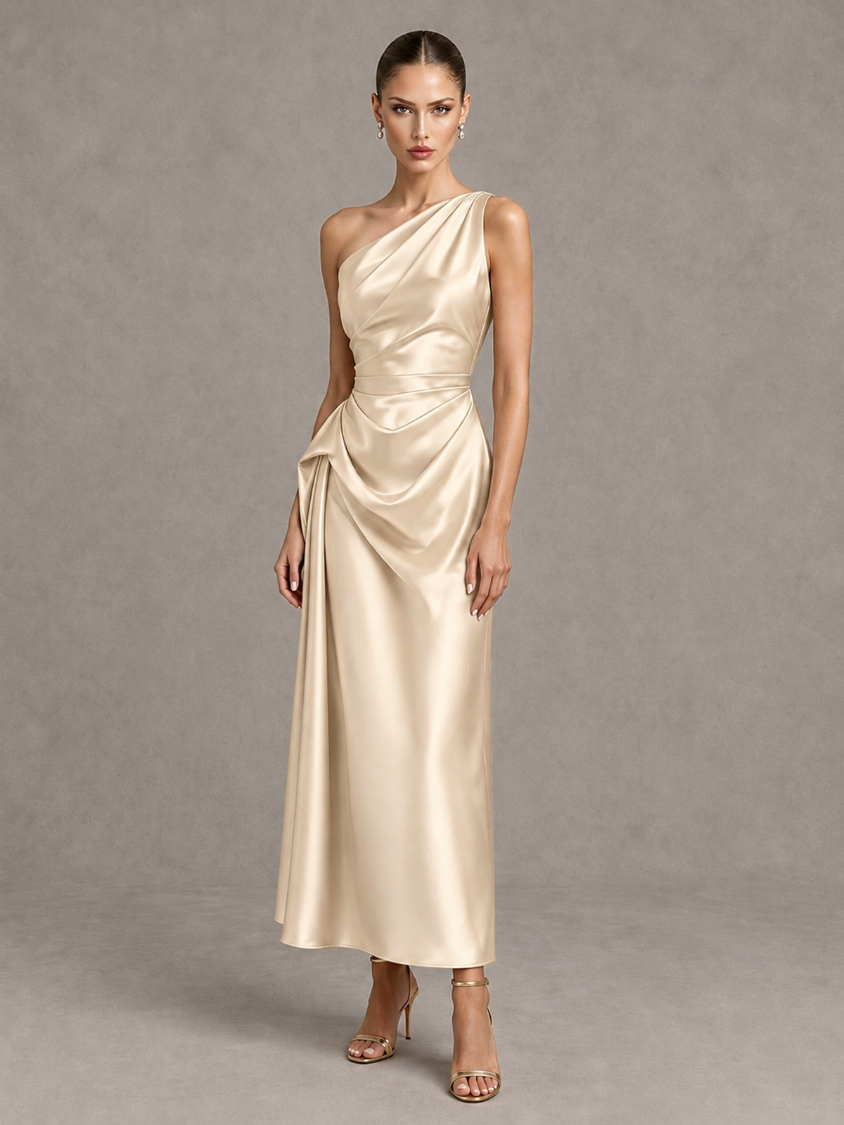 BOLODOO Champagne One Shoulder Satin Cocktail Dress with Draped A-Line Skirt - Champagne - Champagne_4