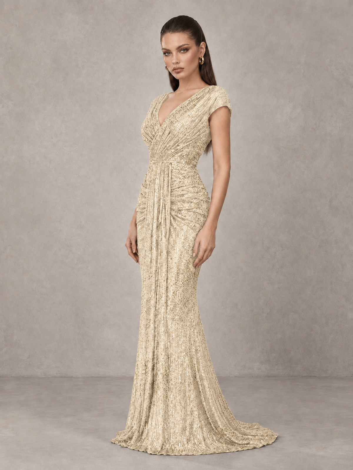 BOLODOO Champagne Glitter V-Neck Cap Sleeve Ruched Mermaid Evening Gown - Champagne - Champagne_4