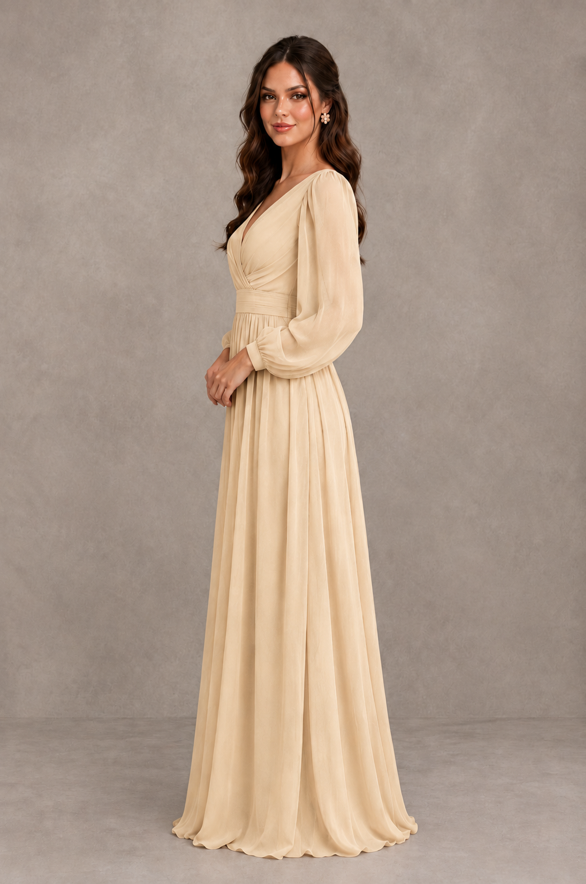 BOLODOO Champagne Long Sleeve V-Neck A-Line Bridesmaid Dress - Champagne - Champagne_4