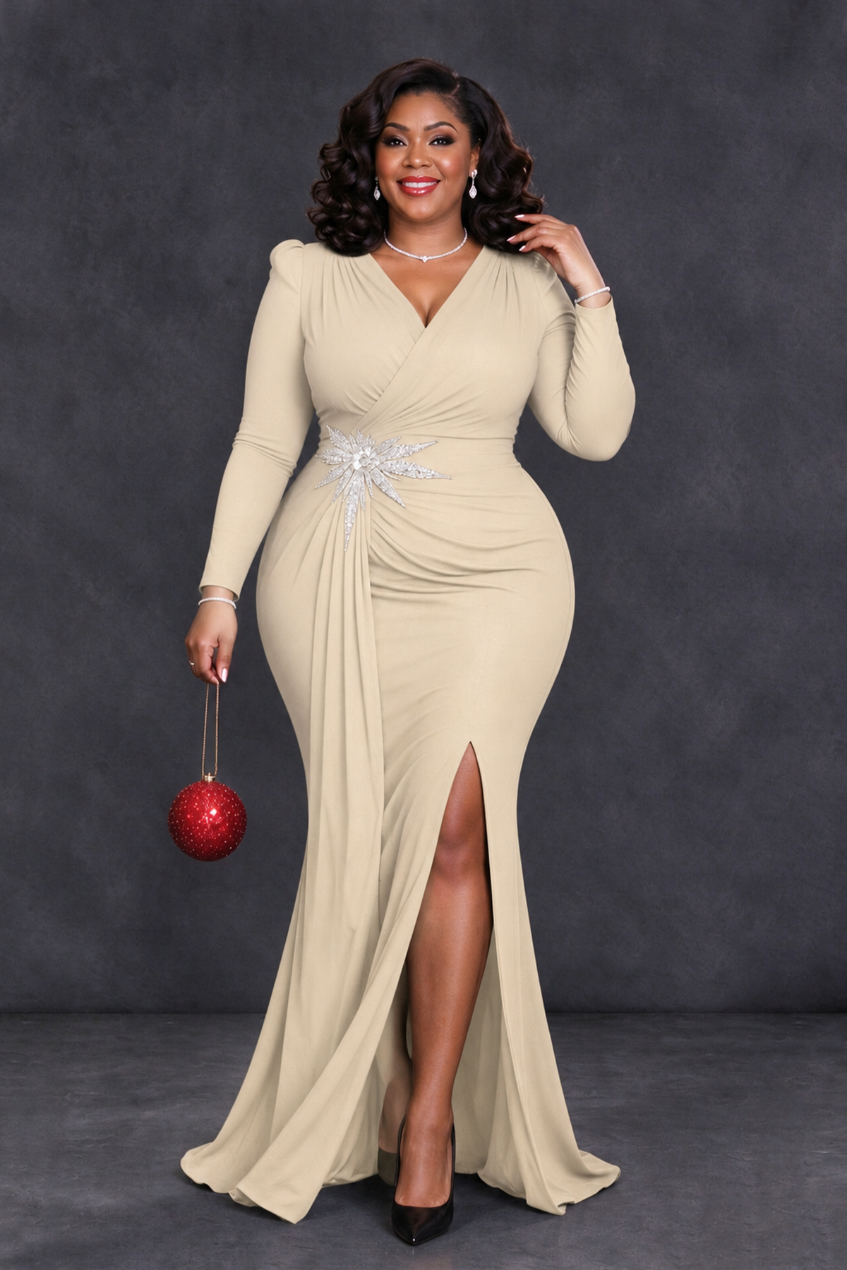 BOLODOO Champagne Plus Size Long Sleeve V-Neck Mother of the Bride Dress with Slit - Champagne - Champagne_4