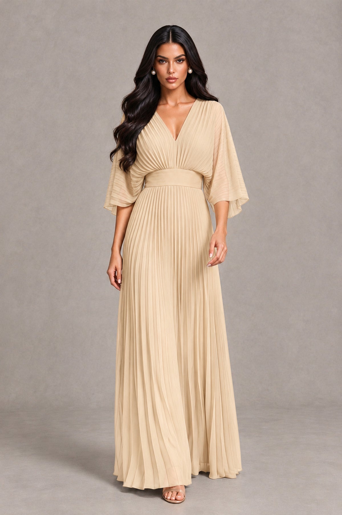 BOLODOO Champagne V-Neck Pleated Flutter Sleeve Formal Dress - Champagne - Champagne_4