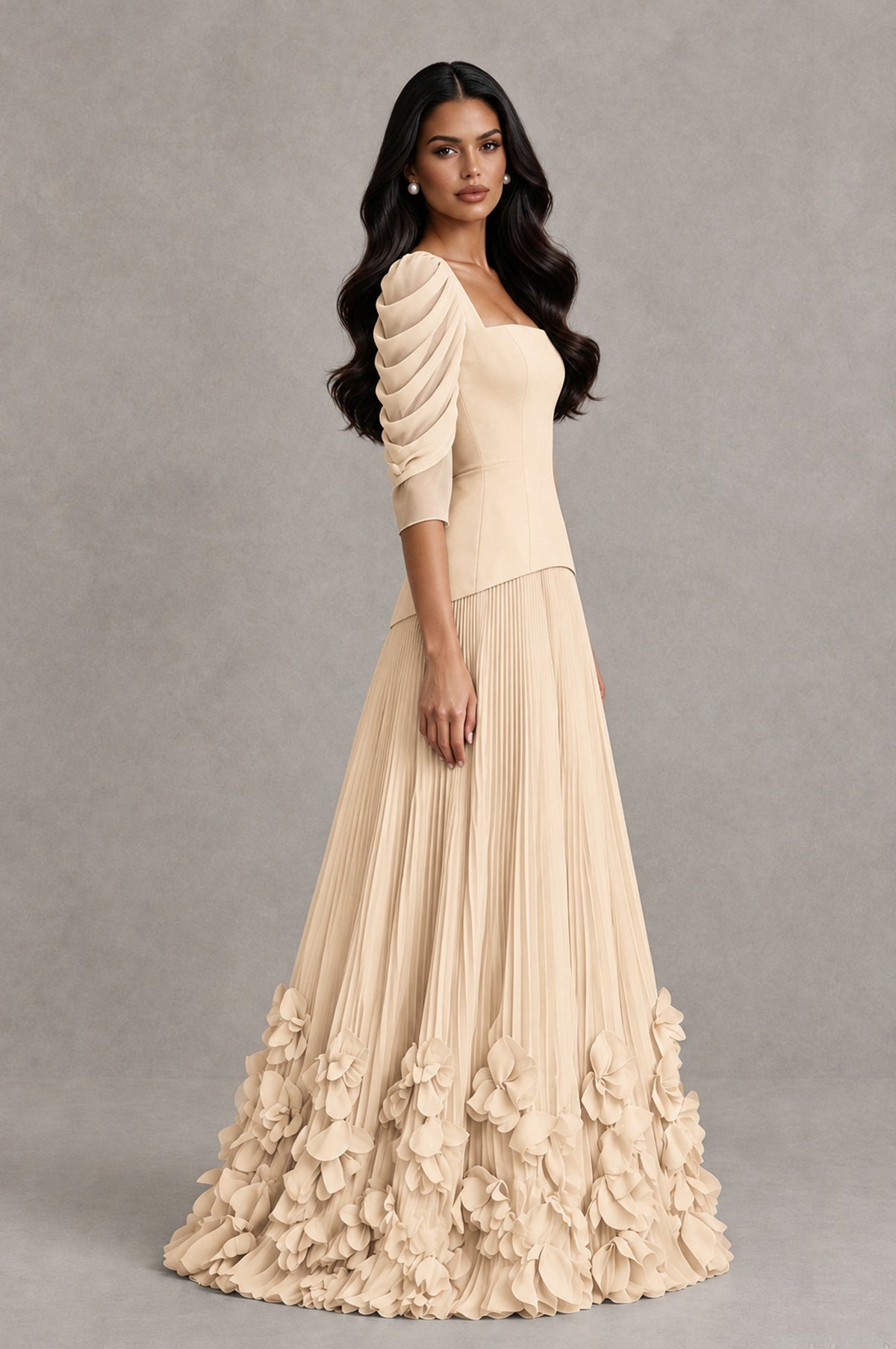 BOLODOO Champagne Square Neck Pleated Floral Applique Evening Dress - Champagne - Champagne_4