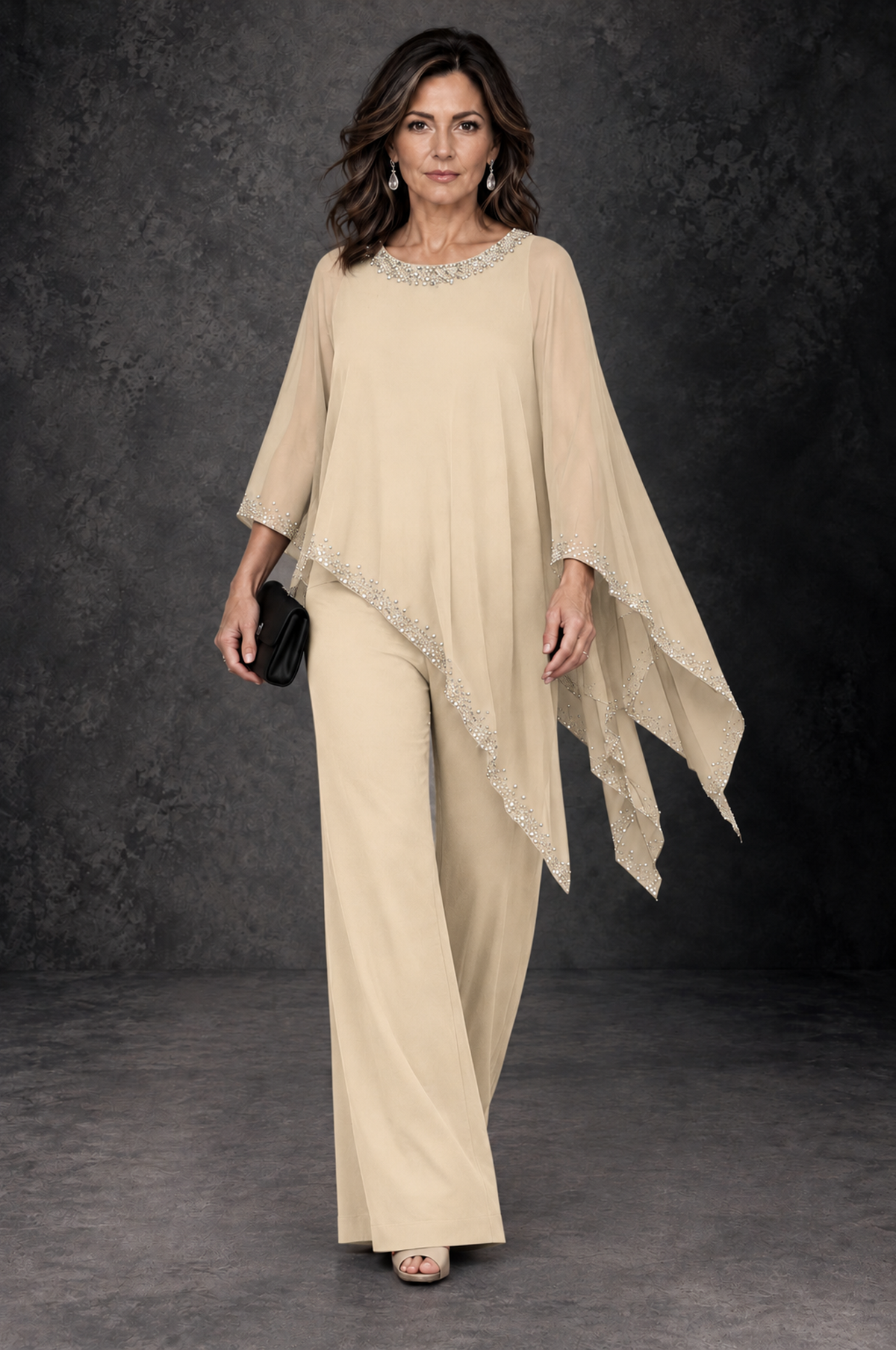BOLODOO Champagne Embellished Cape Mother of the Bride Pantsuit - Champagne - Champagne_4