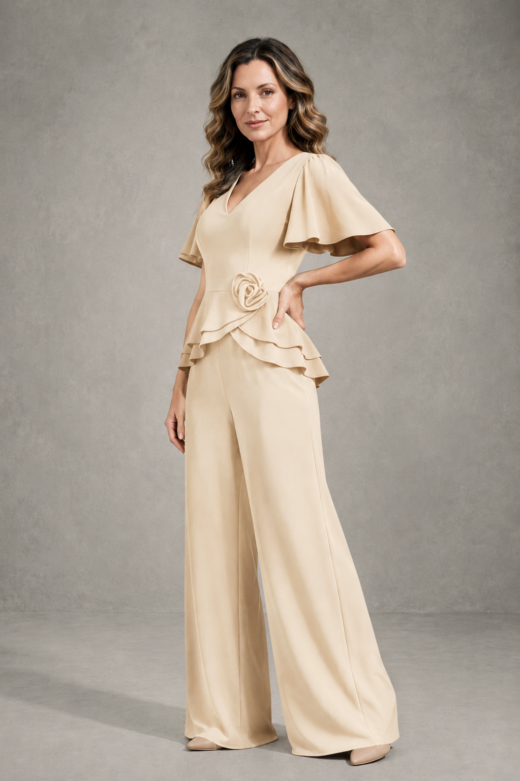 BOLODOO Champagne Flutter Sleeve Peplum Wide-Leg Pant Suit - Champagne