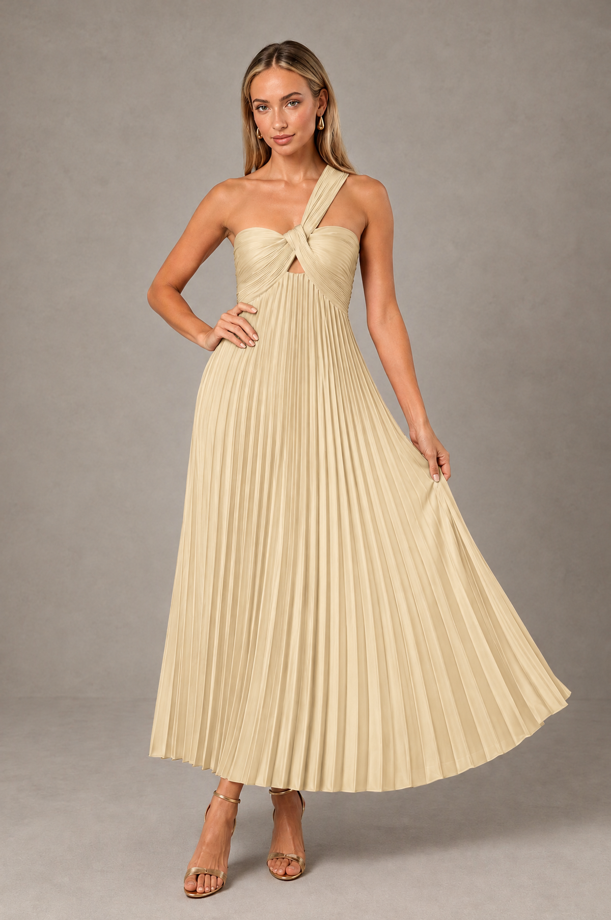 BOLODOO Champagne One-Shoulder Twist Knot Pleated Satin Midi Dress with Cutout - Champagne - Champagne_4