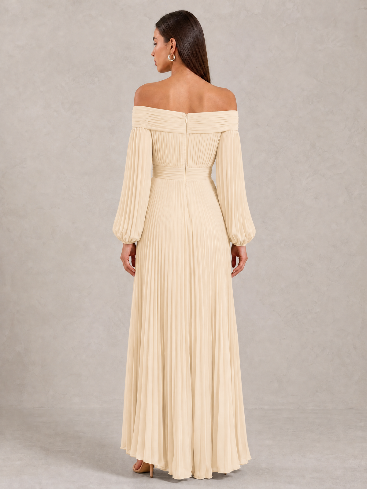 BOLODOO Champagne Off-Shoulder Long Sleeve Pleated High-Low Dress - Champagne - Champagne_4