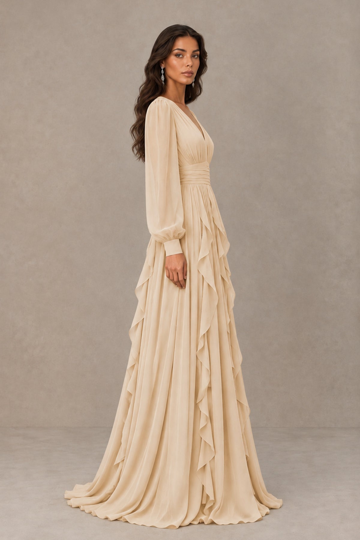 BOLODOO Champagne Long Sleeve V-Neck Ruffle Maxi Dress - Champagne