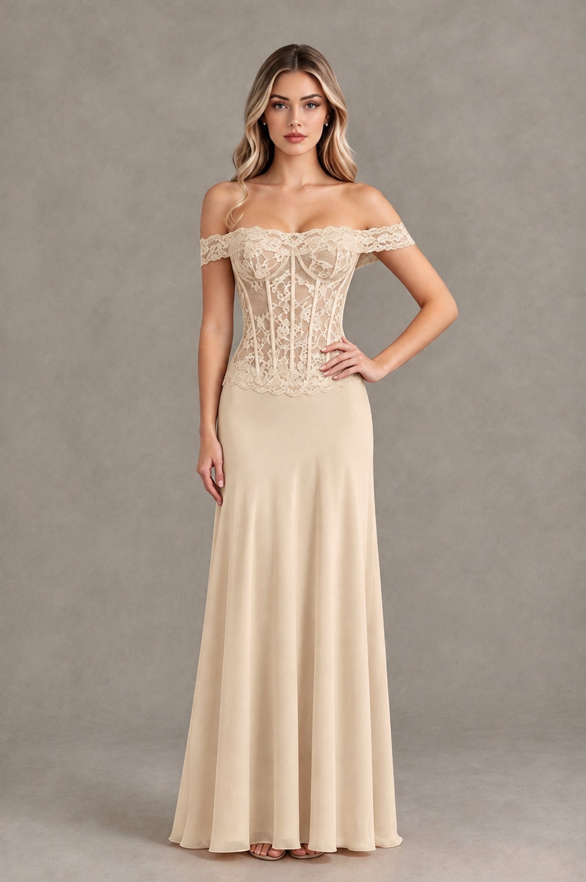 BOLODOO Champagne Off Shoulder Lace Corset Wedding Guest Dress - Champagne - Champagne_4