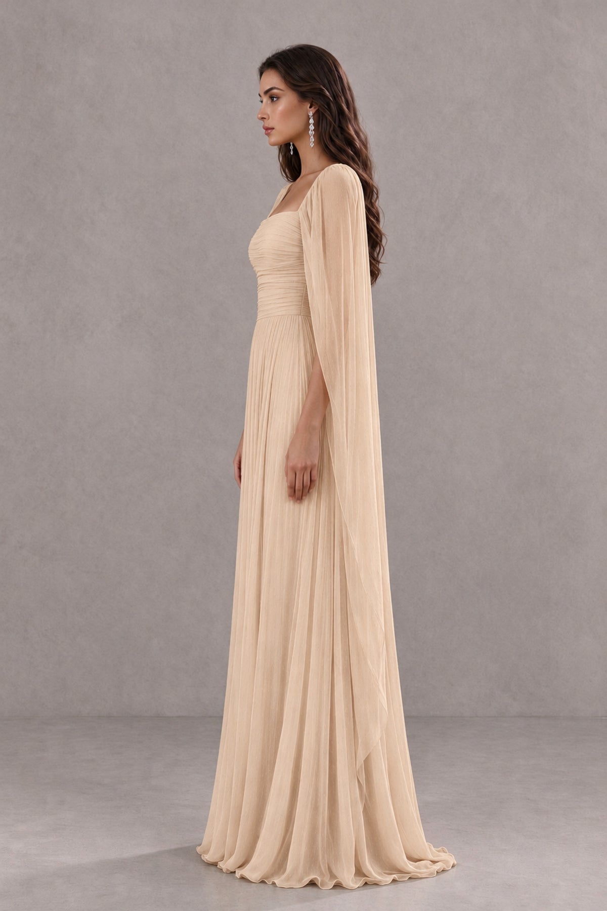 BOLODOO Champagne Square Neck Cape Sleeve A-Line Evening Dress - Champagne - Champagne_4